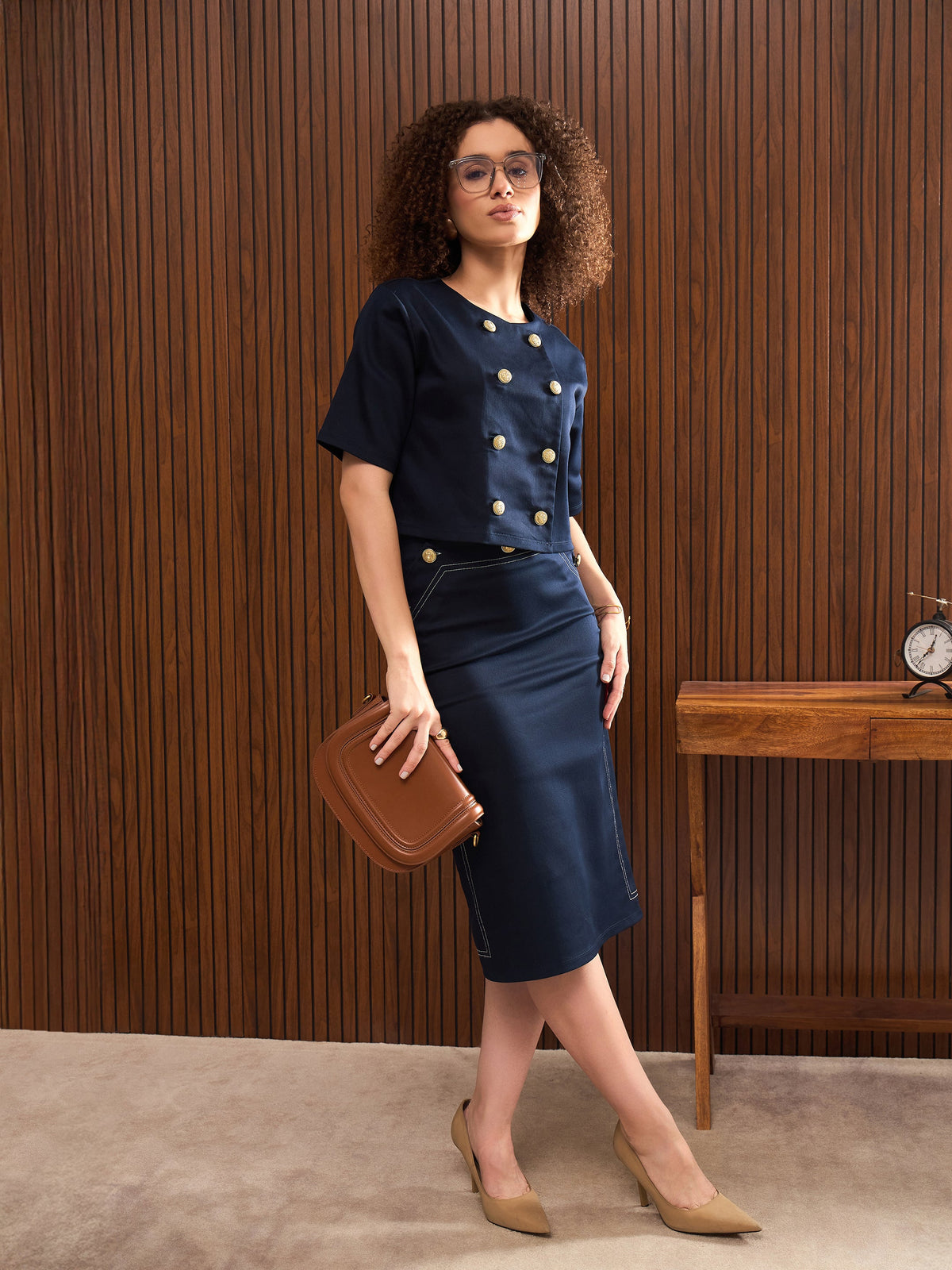 Navy Twill Double Breast Top With Short Skirt-SASSAFRAS worklyf