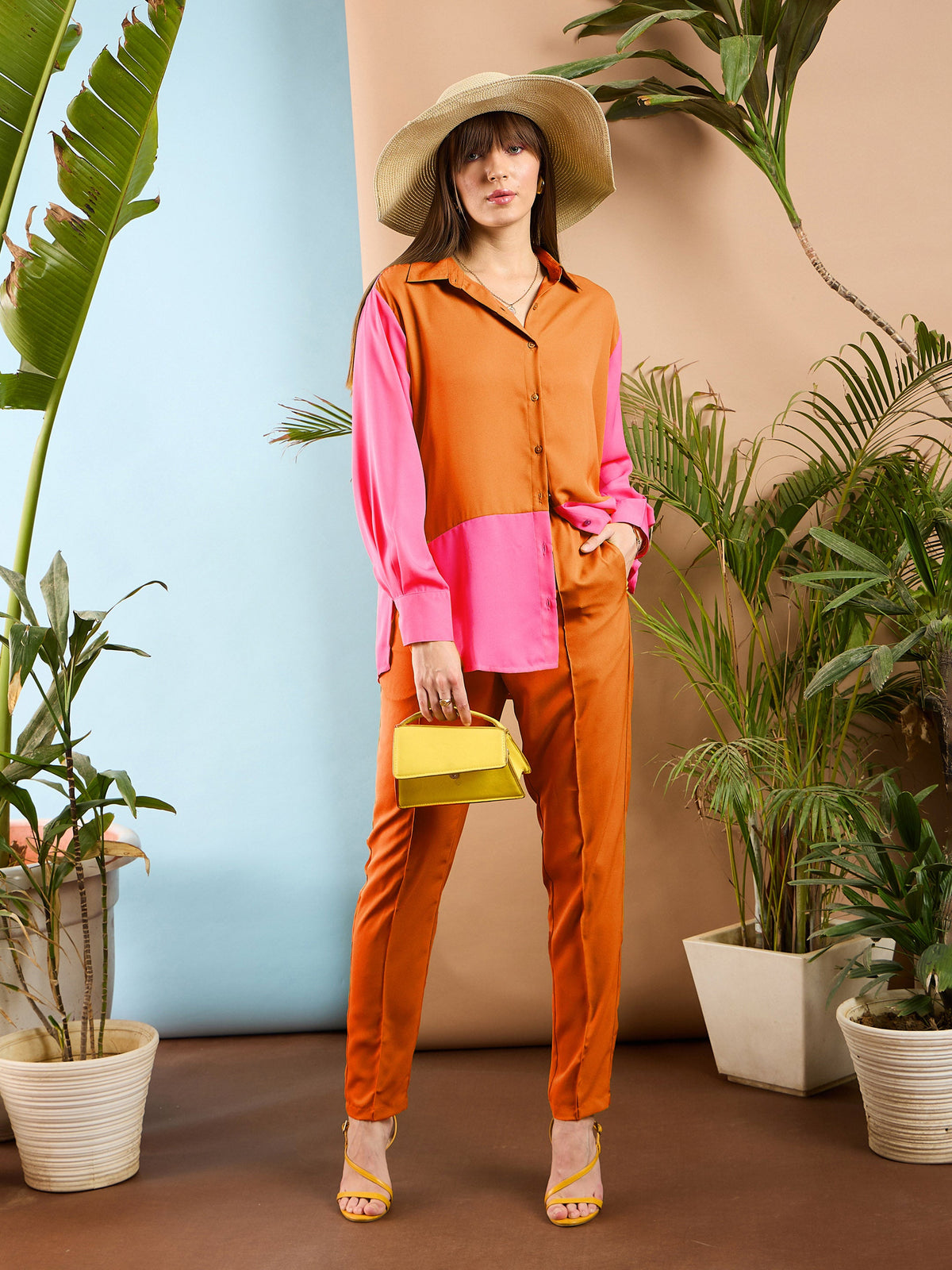Orange & Pink ColorBlock Shirt With Darted Pants -SASSAFRAS
