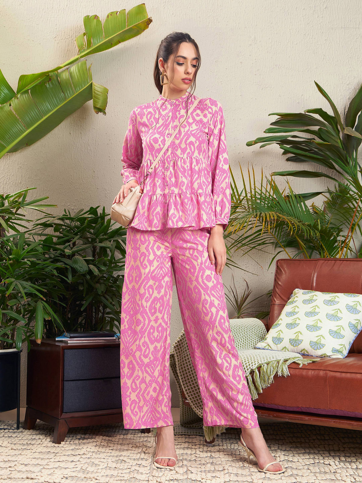 Pink Ikat Tiered Shirt With Palazzo Pants-SASSAFRAS