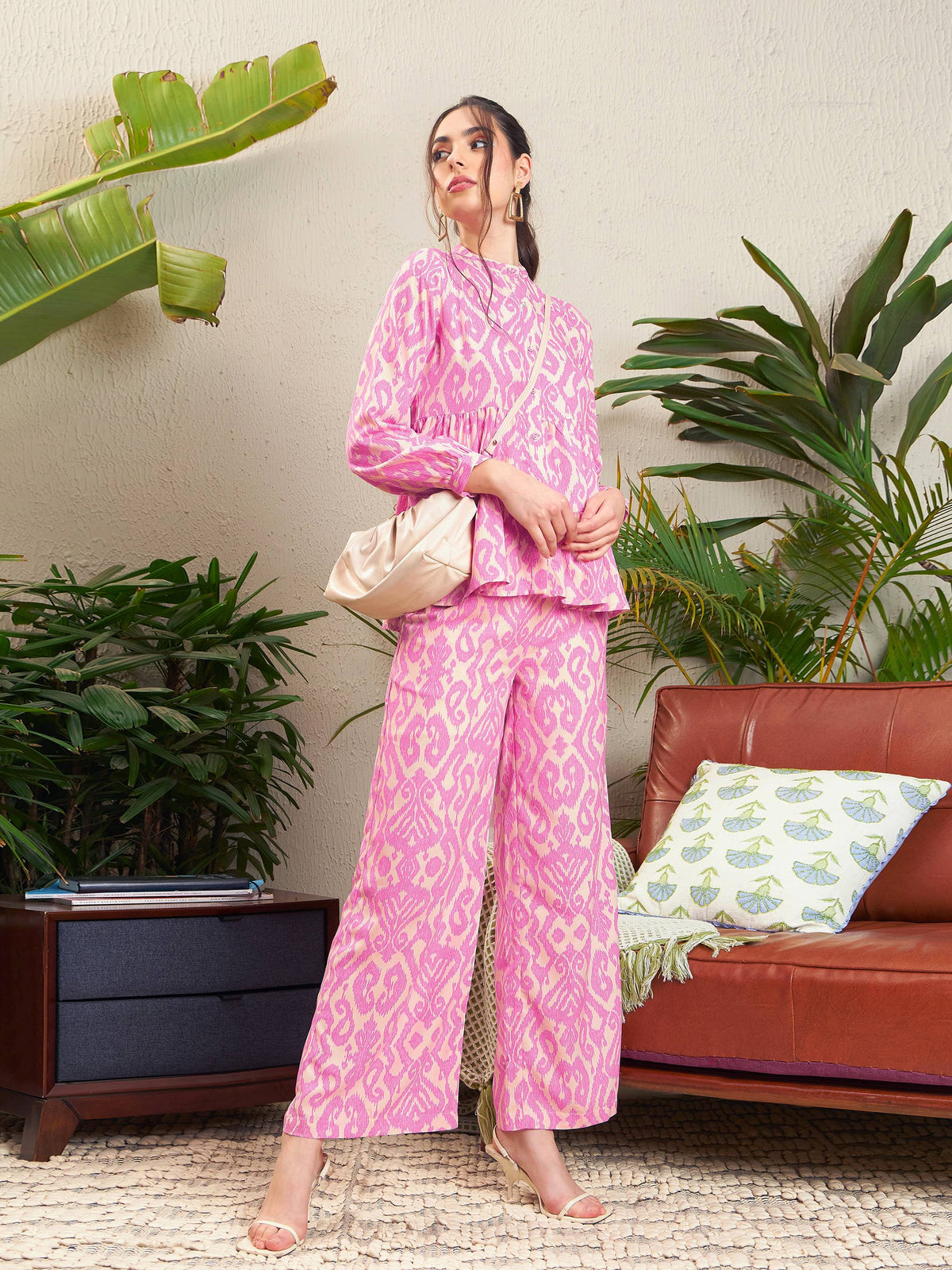 Pink Ikat Tiered Shirt With Palazzo Pants-SASSAFRAS