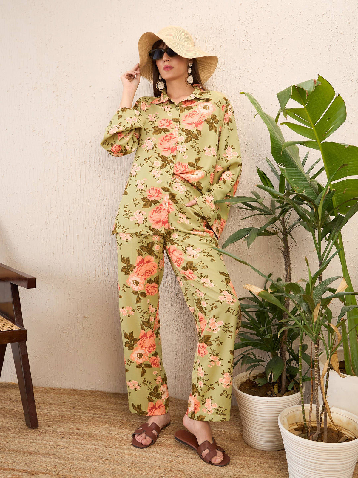 Olive Floral Bell Sleeves Shirt With Straight Pants-SASSAFRAS