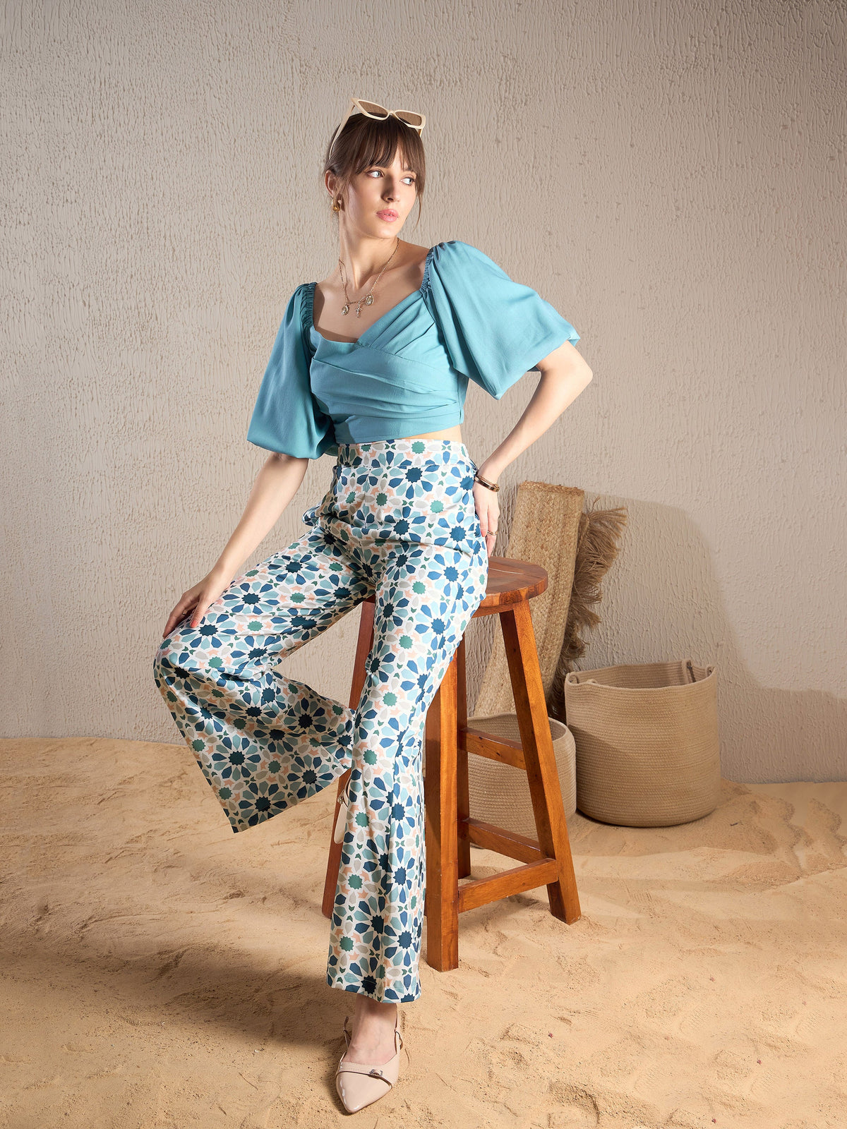 Teal Blue Geometric Puff Sleeves Crop Top With Pants-SASSAFRAS