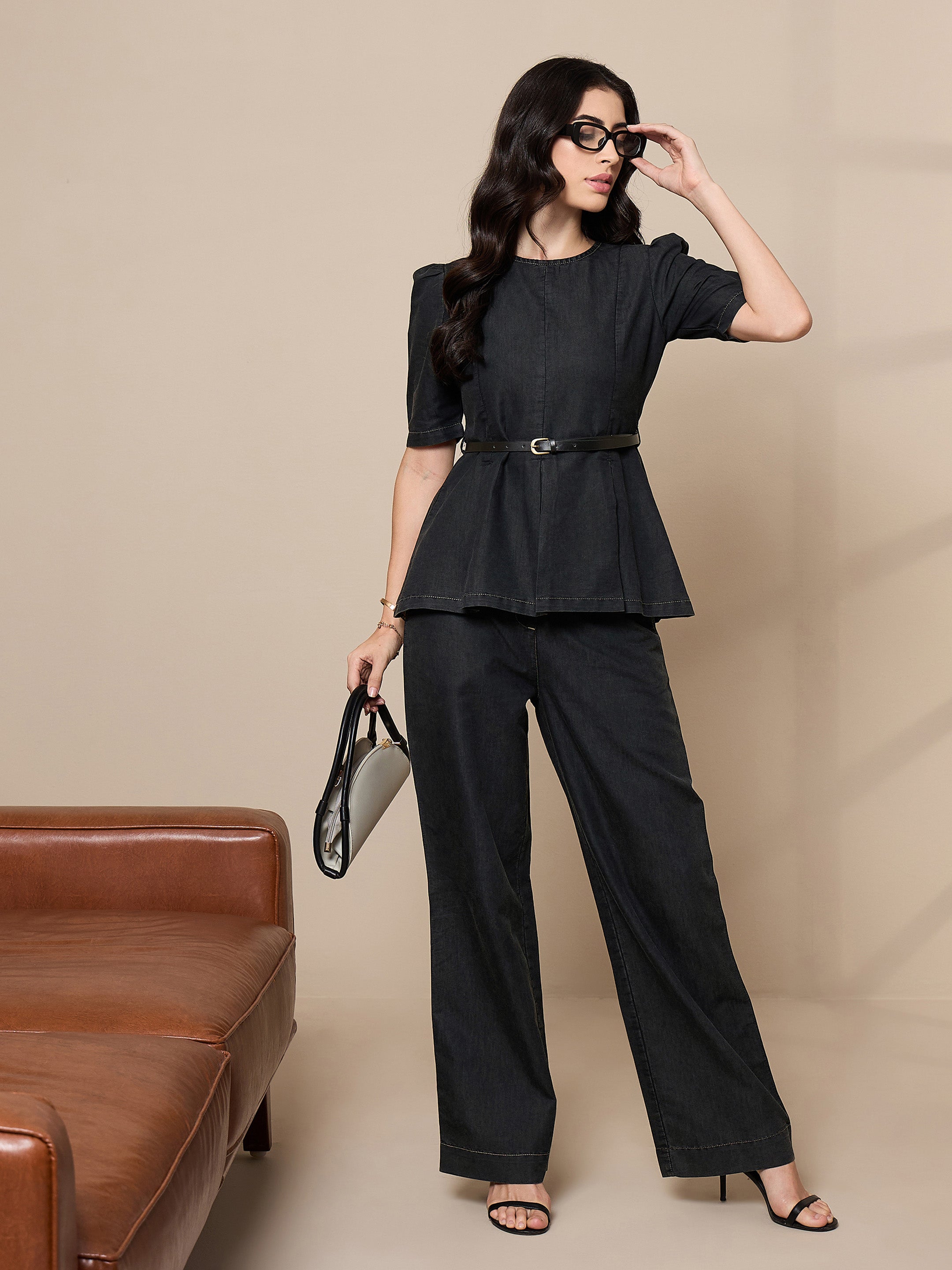 Buy Women Black Tencel Peplum Top With Straight Pants Online at