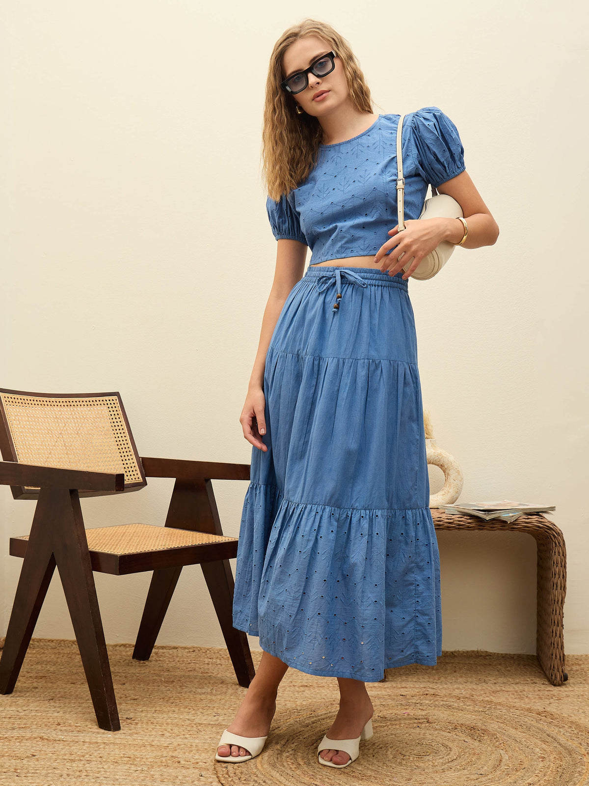 Blue Schiffli Crop Top With Flared Skirt-SASSAFRAS