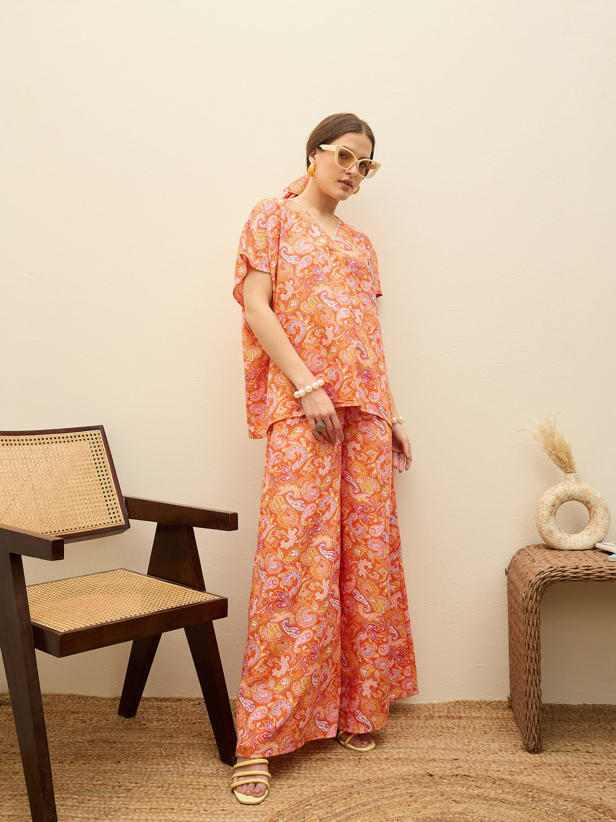 Orange Paisley V-Neck Top With Flared Pants-SASSAFRAS