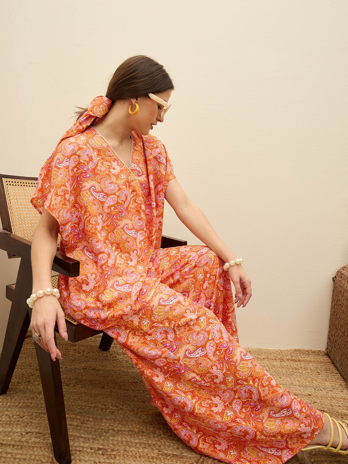 Orange Paisley V-Neck Top With Flared Pants-SASSAFRAS