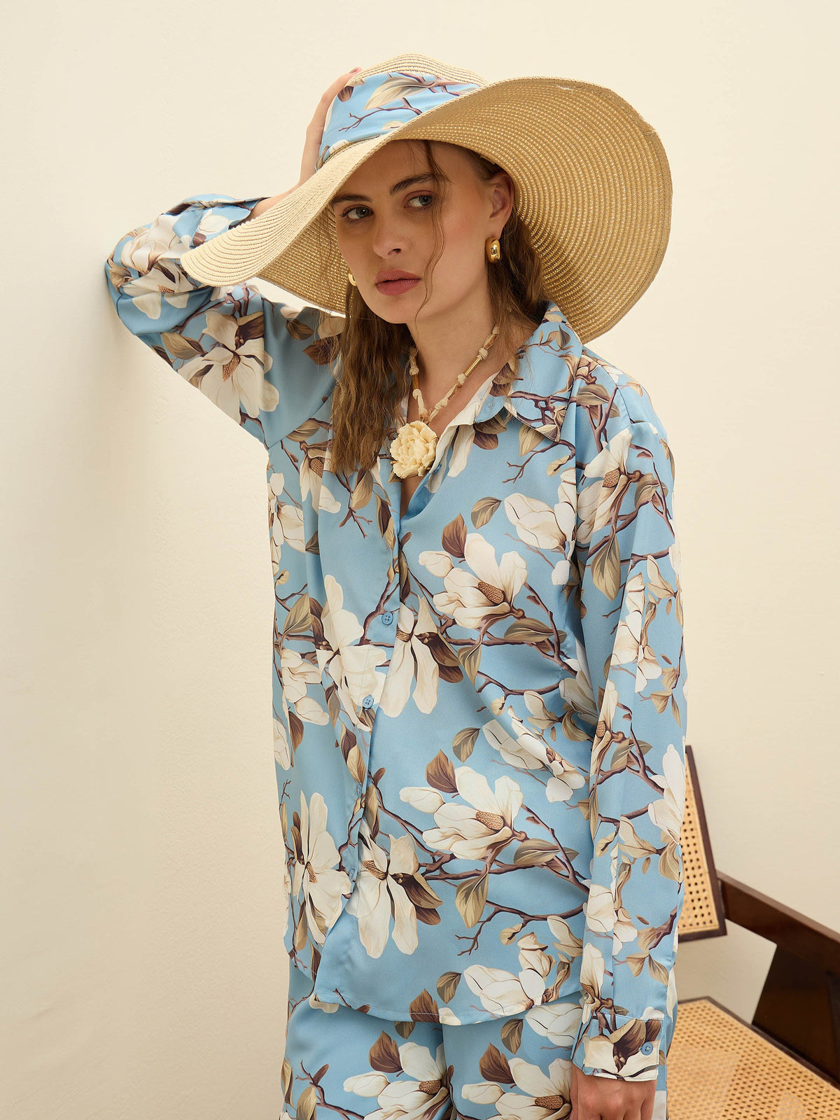 Blue Floral Oversize Shirt With Cargo Pocket Pants-SASSAFRAS