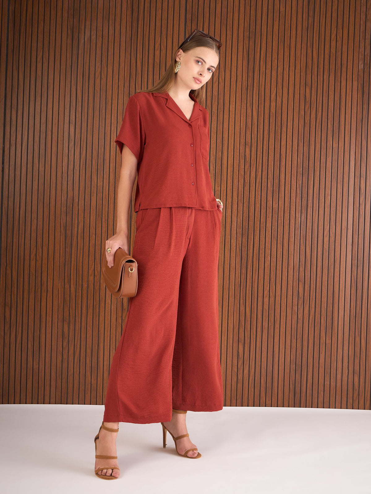 Rust Notch Collar Top With Straight Pants-SASSAFRAS