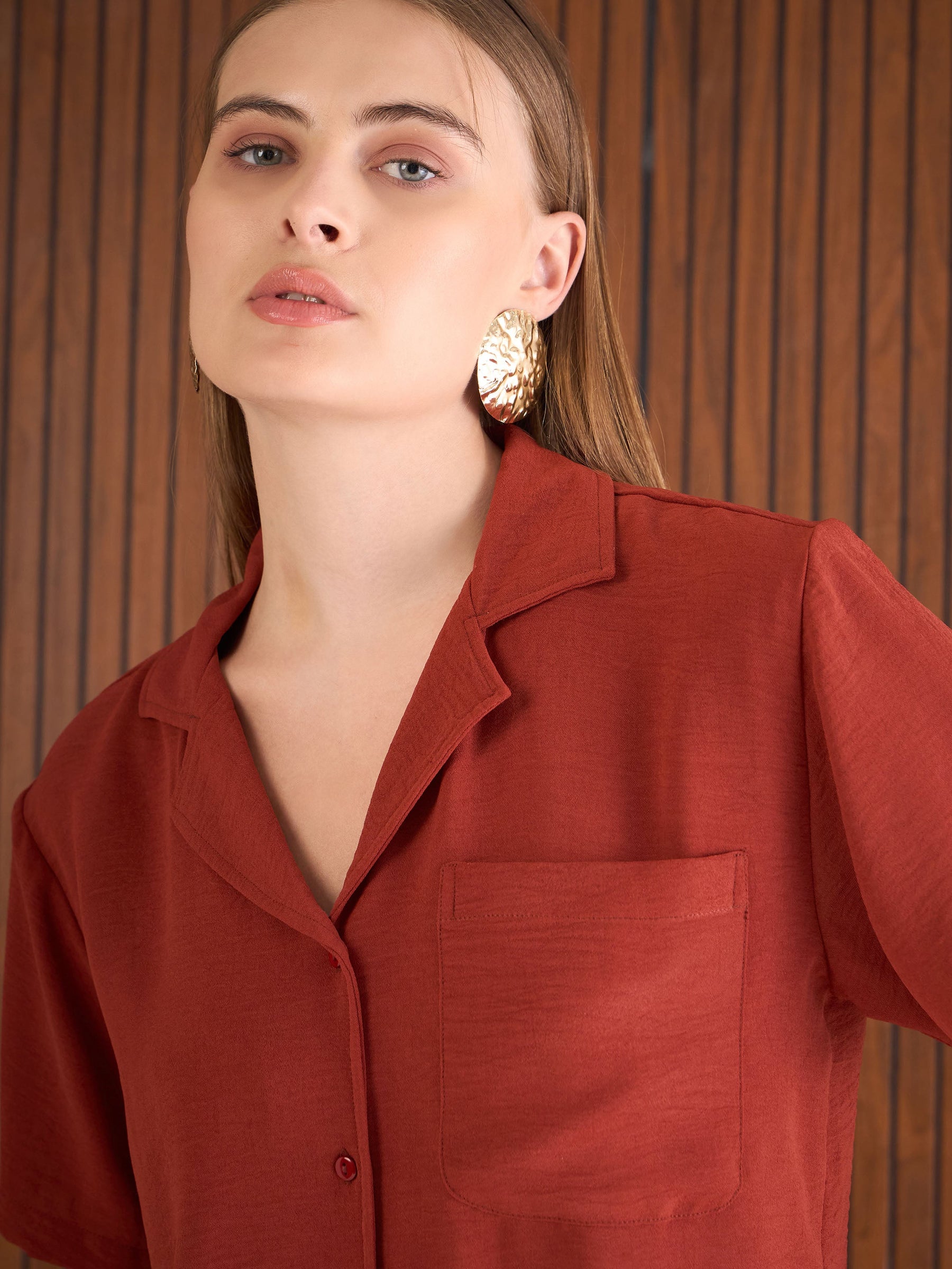 Rust Notch Collar Top With Straight Pants-SASSAFRAS