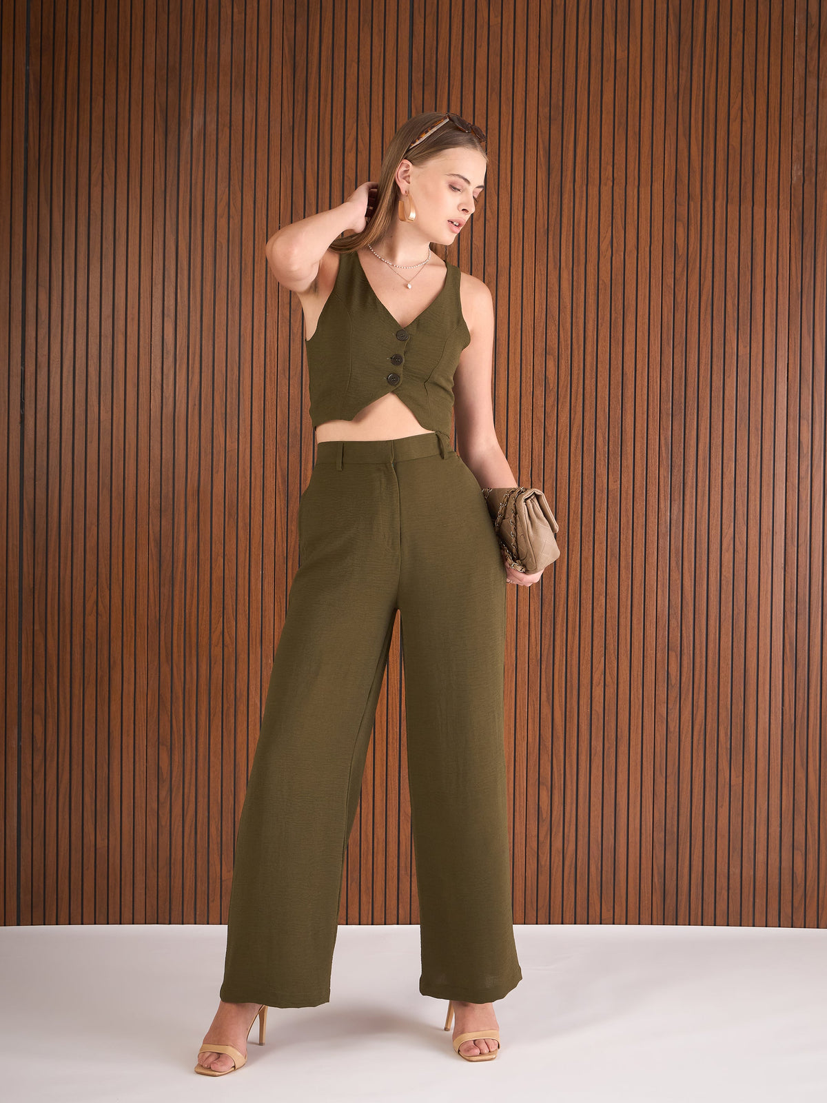 Olive Waistcoat Top With Straight Pants-SASSAFRAS