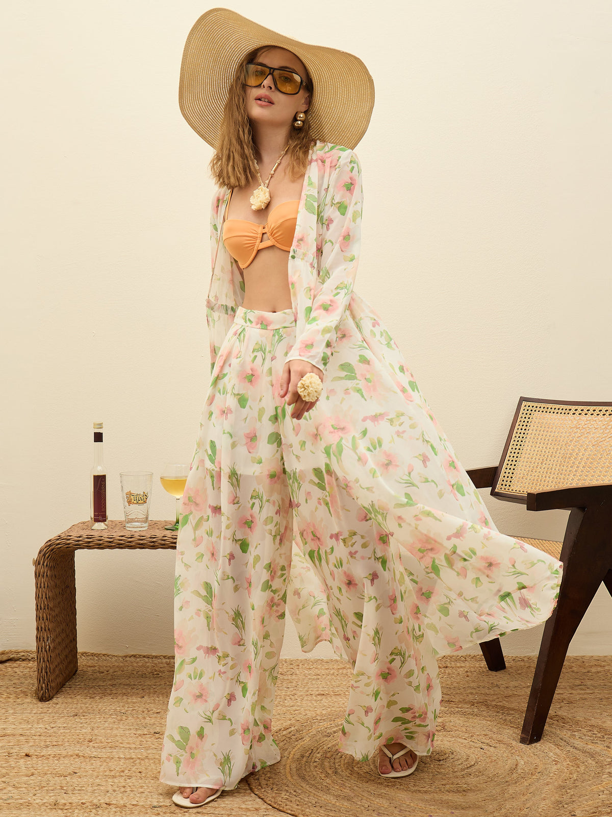 White Floral Long Top With Flared Pants-SASSAFRAS