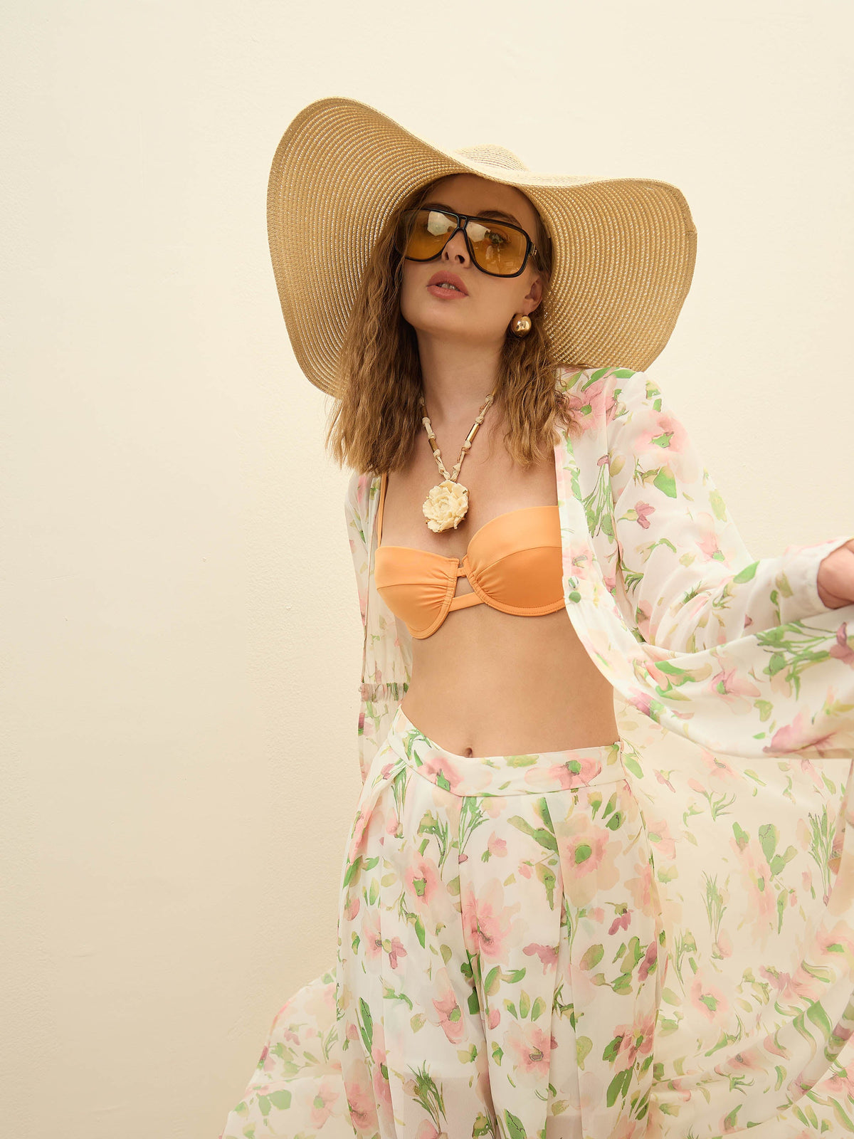 White Floral Long Top With Flared Pants-SASSAFRAS