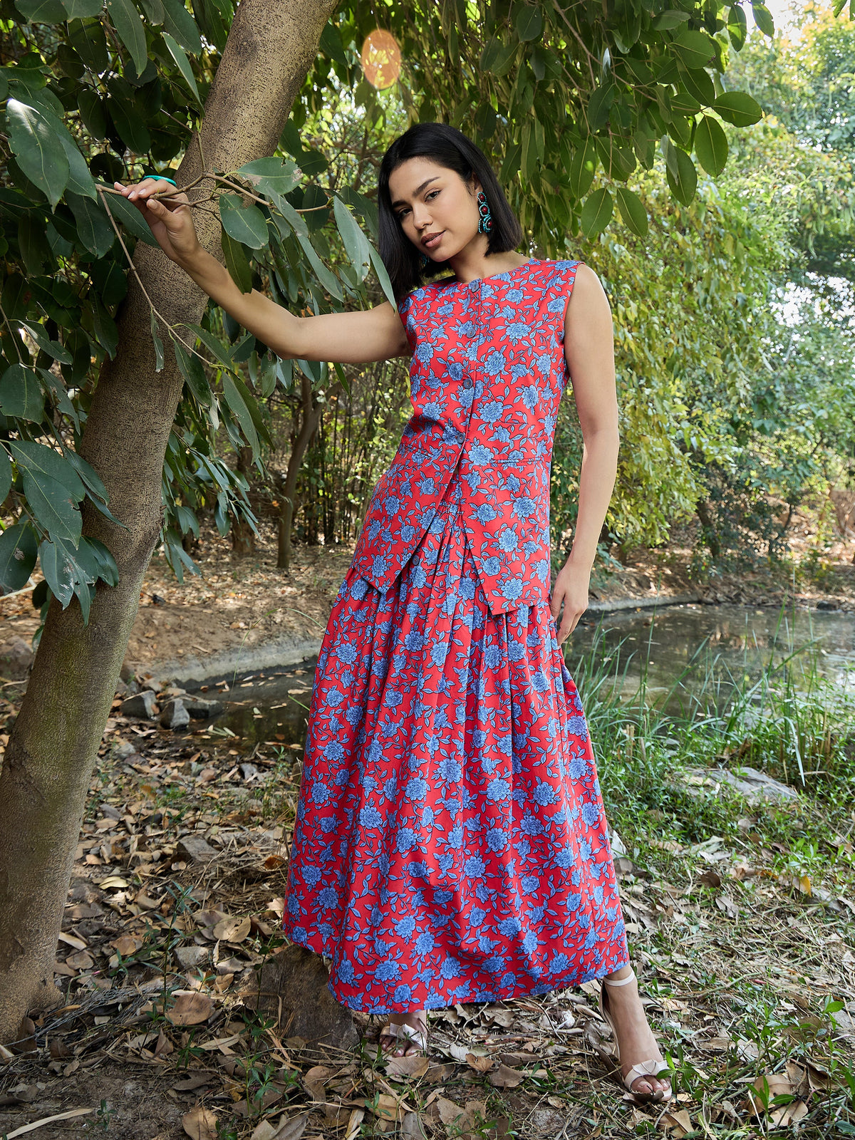 Red & Blue Floral Vest Top With Gathered Skirt -Pink Paprika By SASSAFRAS