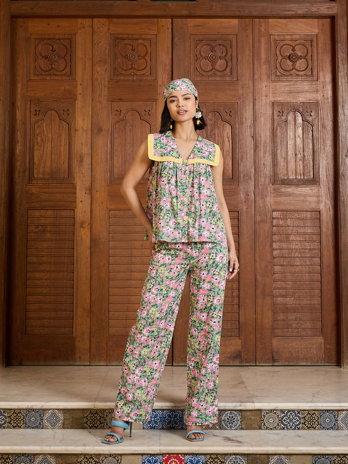 Green Floral V Neck Peplum Top With Pants-Pink Paprika By SASSAFRAS
