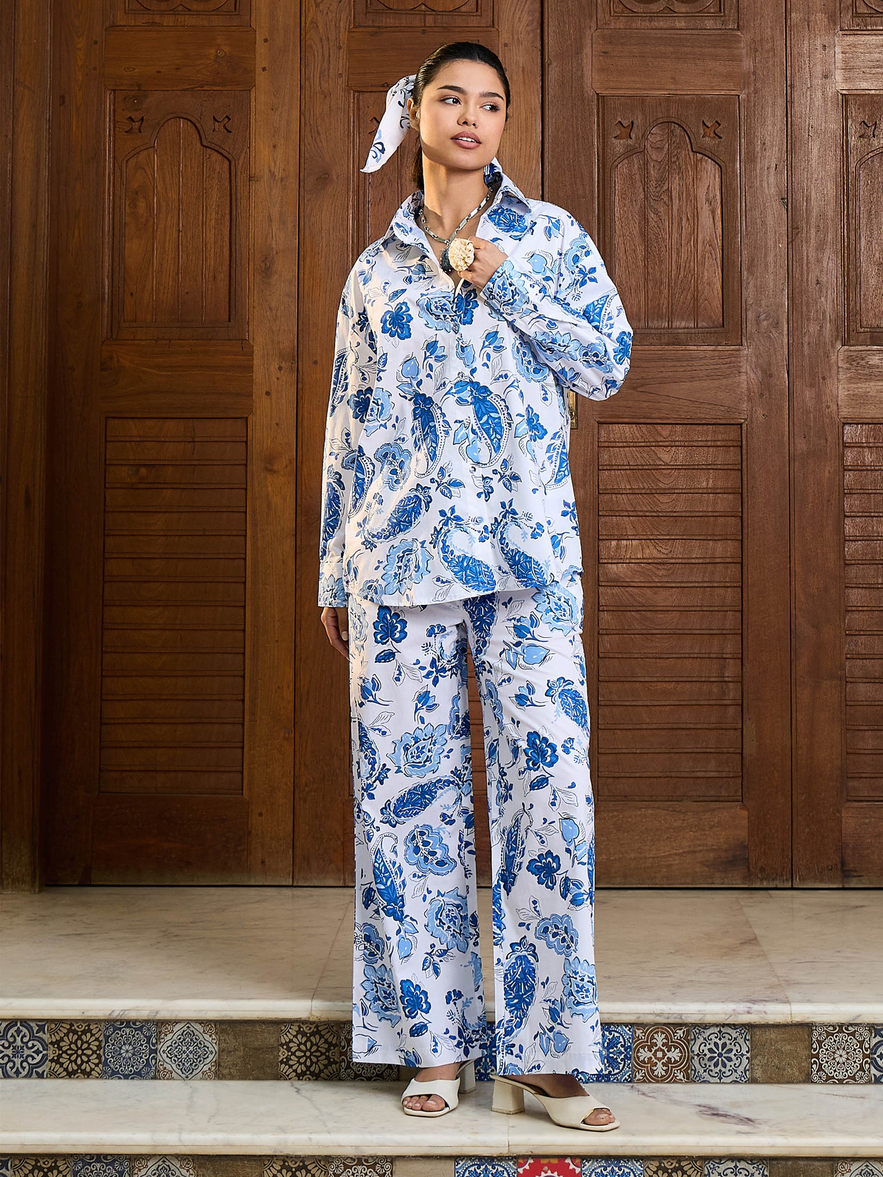 White & Blue Floral Shirt With Pants-Pink Paprika By SASSAFRAS