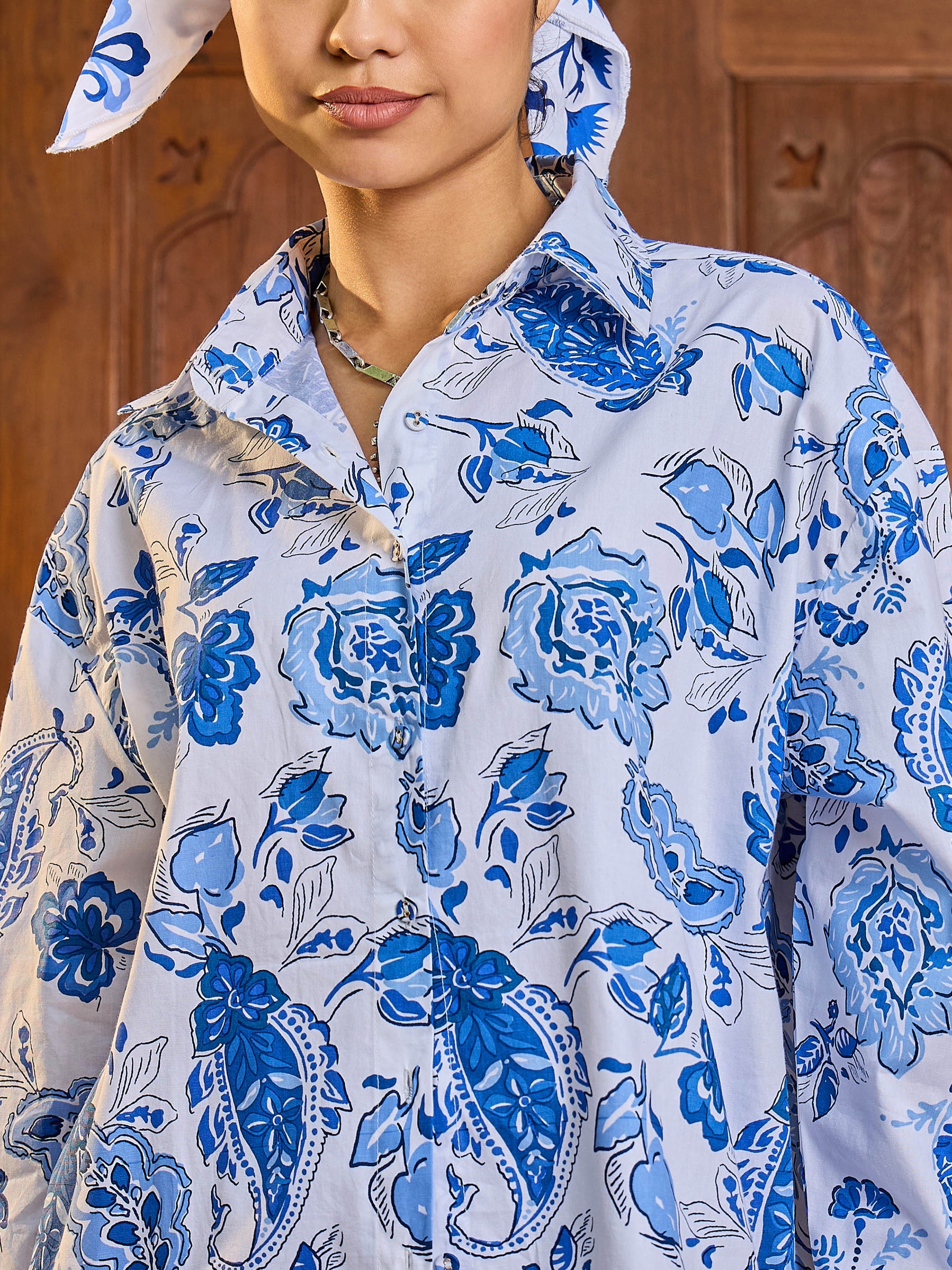 White & Blue Floral Shirt With Pants-Pink Paprika By SASSAFRAS