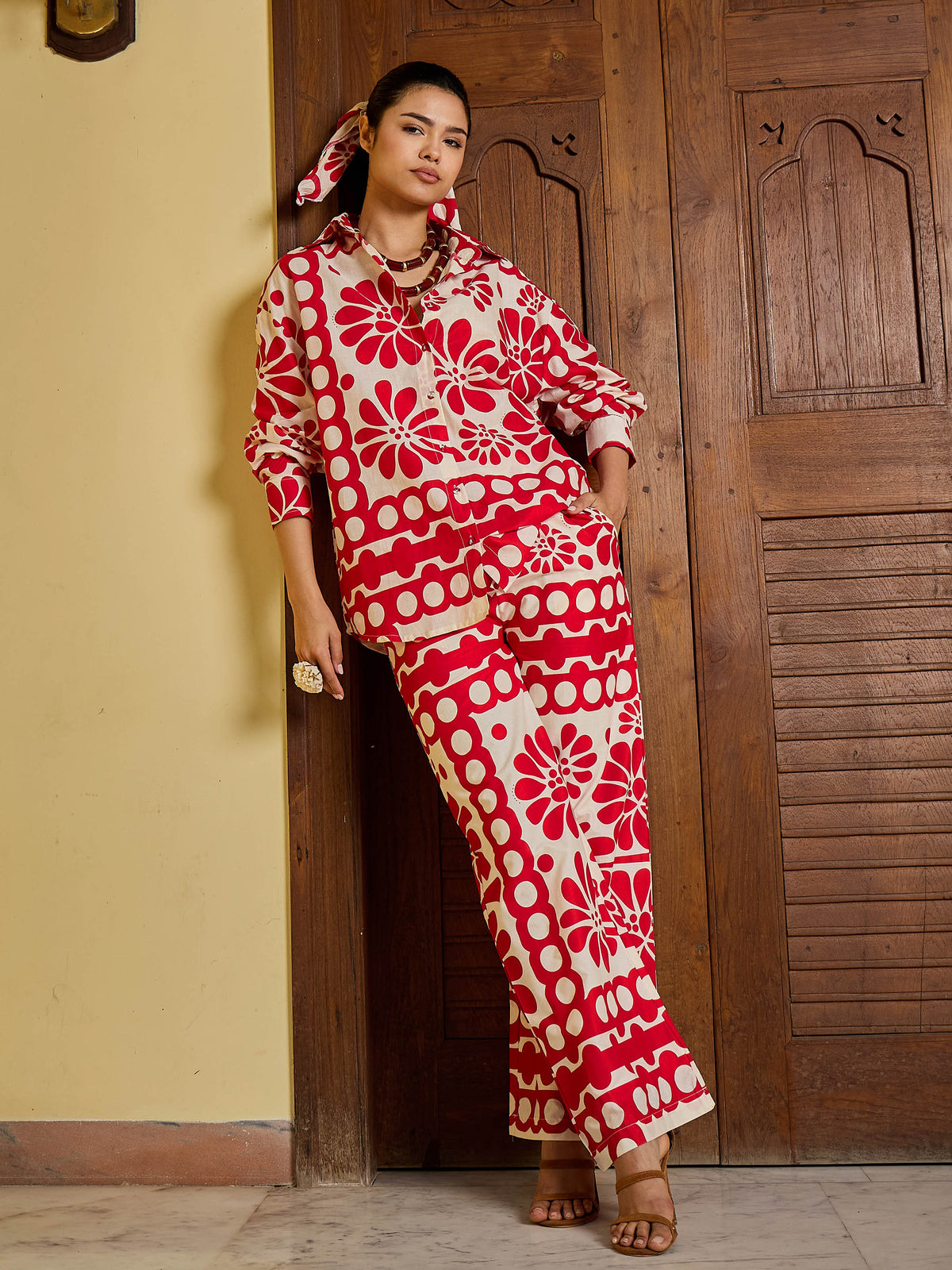 Beige & Red Floral Shirt With Pants-Pink Paprika By SASSAFRAS