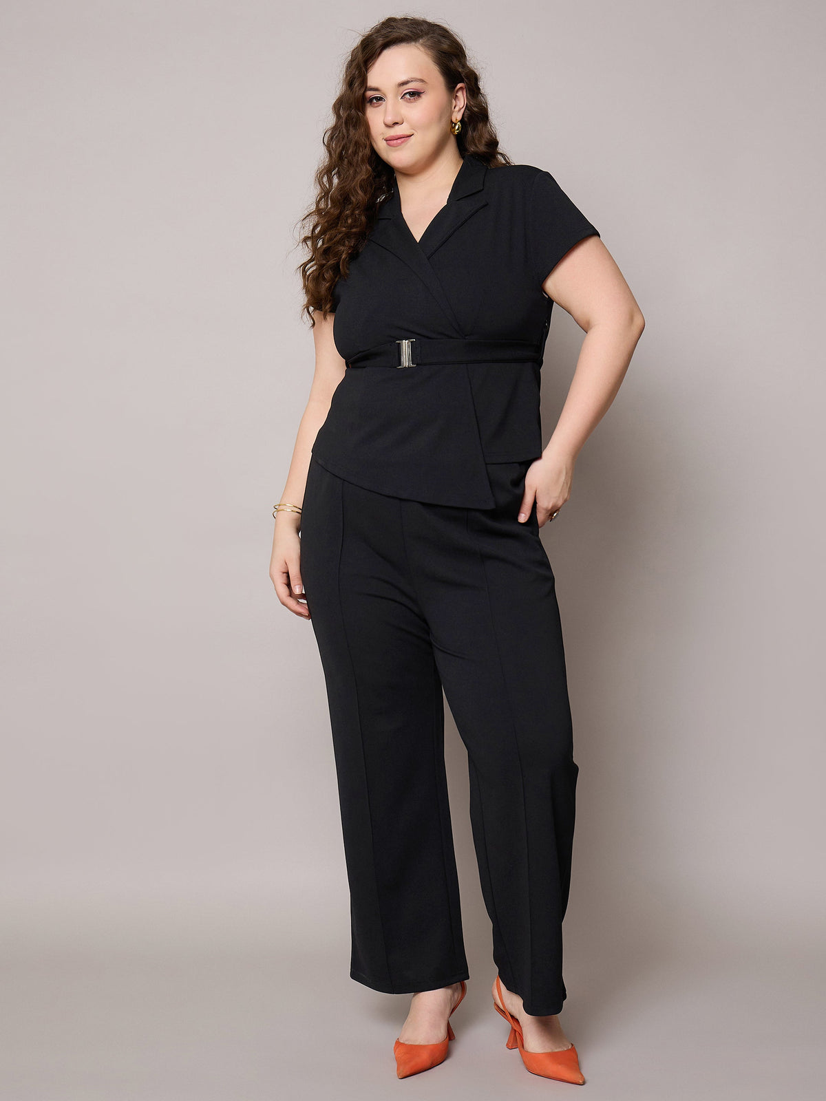 Black Front Buckle Top With Straight Pants-SASSAFRAS Curve