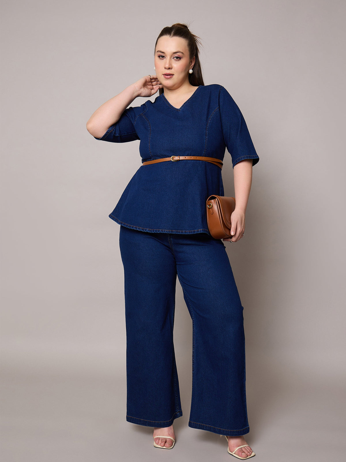 Navy Blast Denim Peplum Top With Jeans-SASSAFRAS Curve