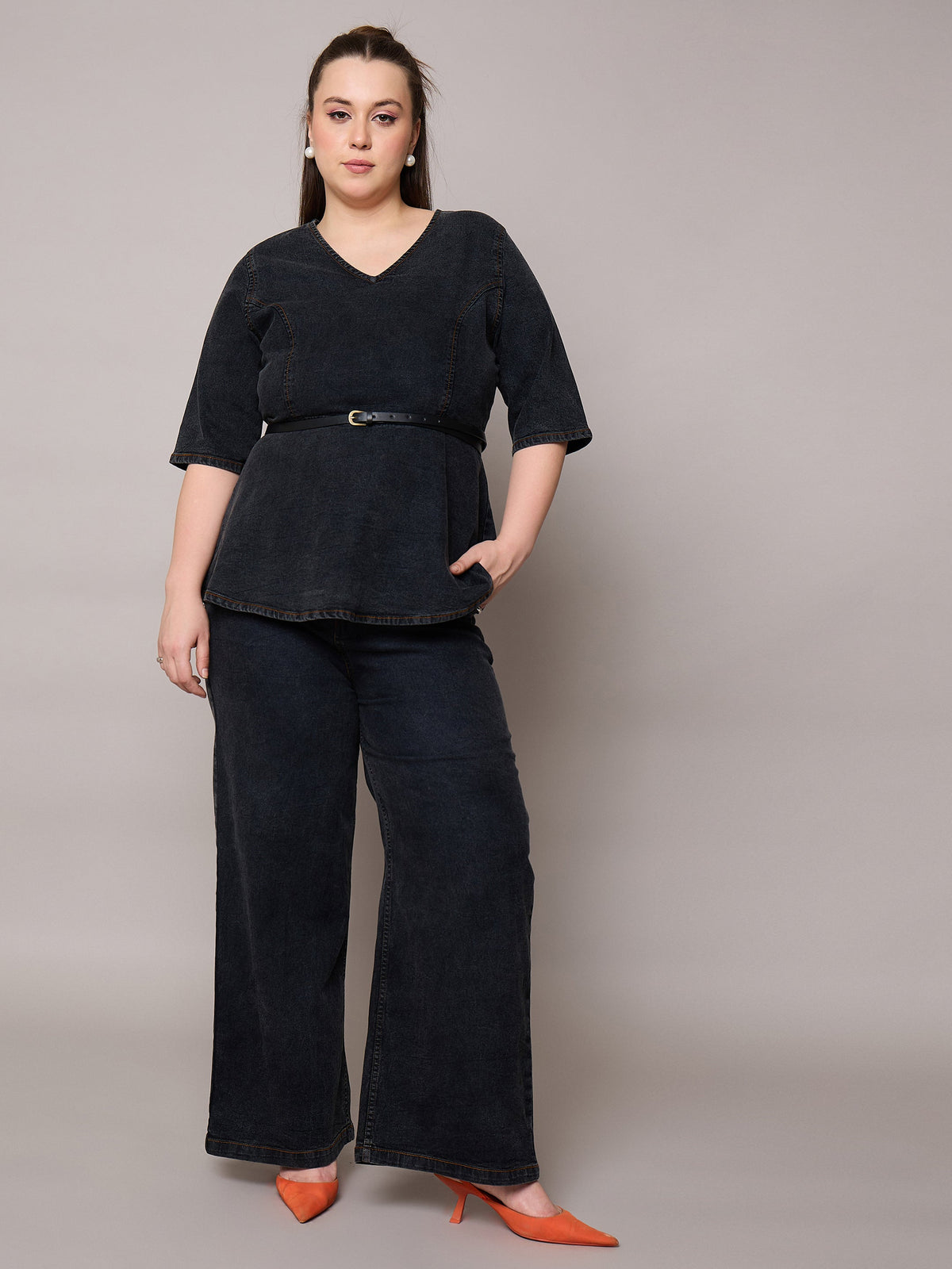Black Blast Denim Peplum Top With Jeans-SASSAFRAS Curve