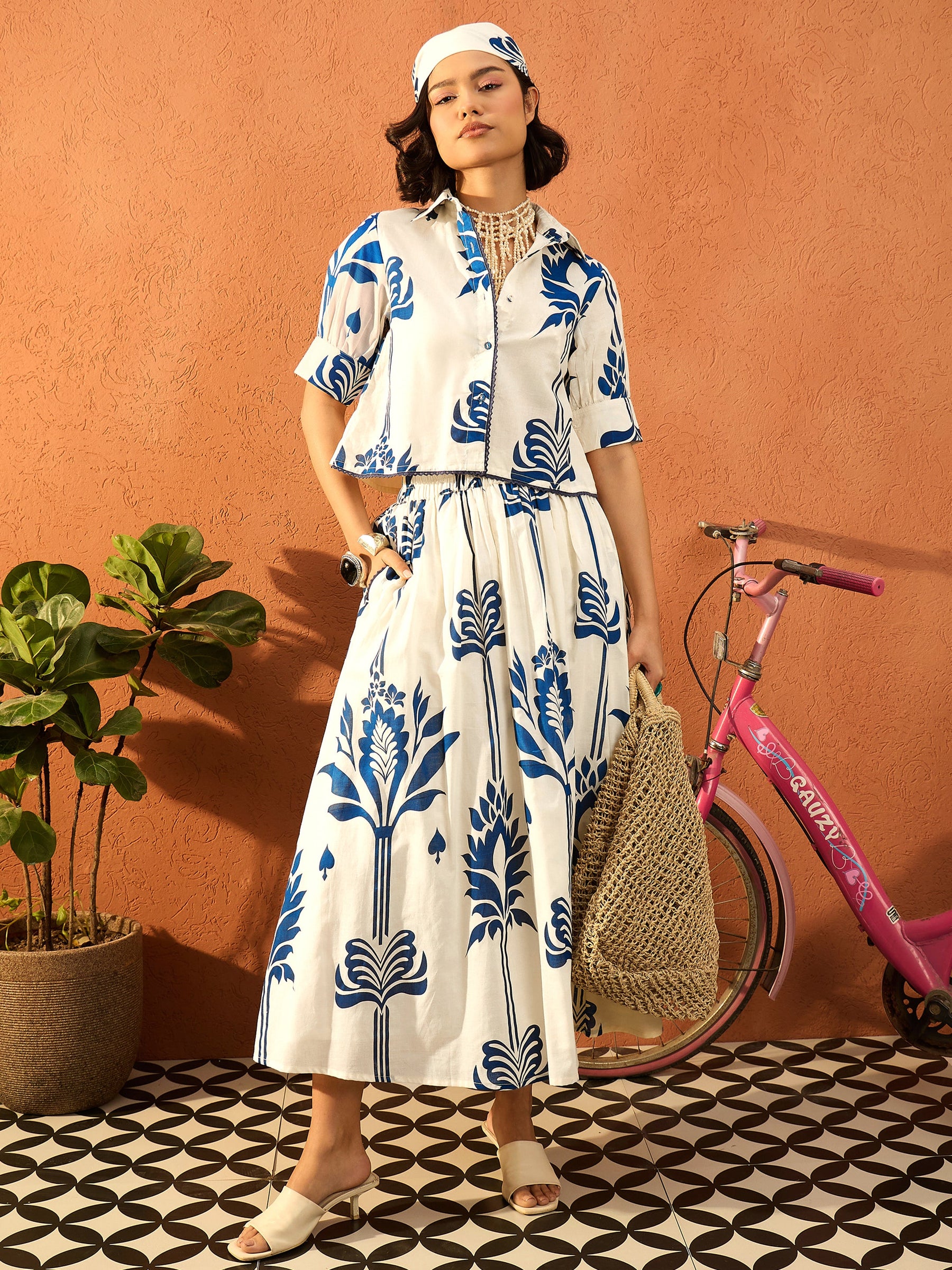 Blue & Off White Floral Shirt With Gathered Skirt-Pink Paprika By SASSAFRAS