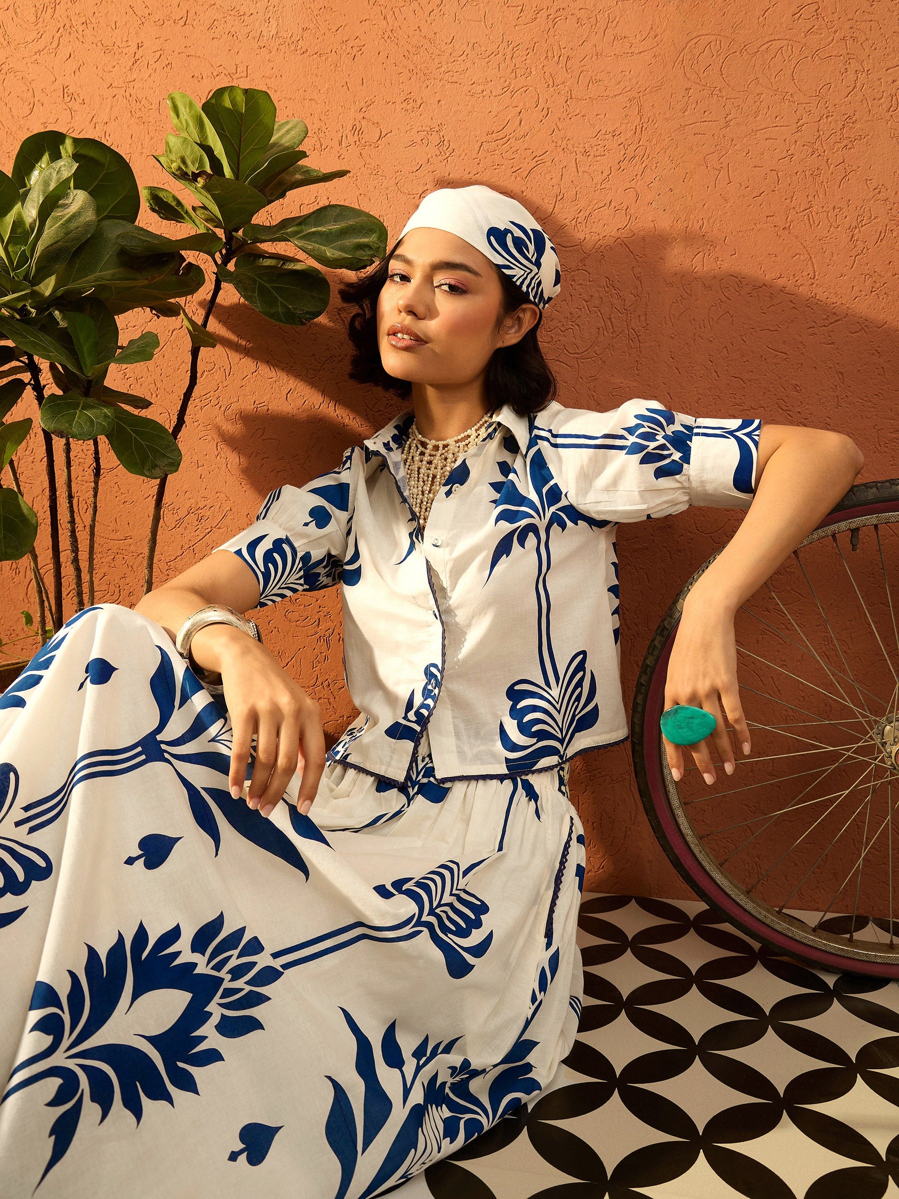 Blue & Off White Floral Shirt With Gathered Skirt-Pink Paprika By SASSAFRAS