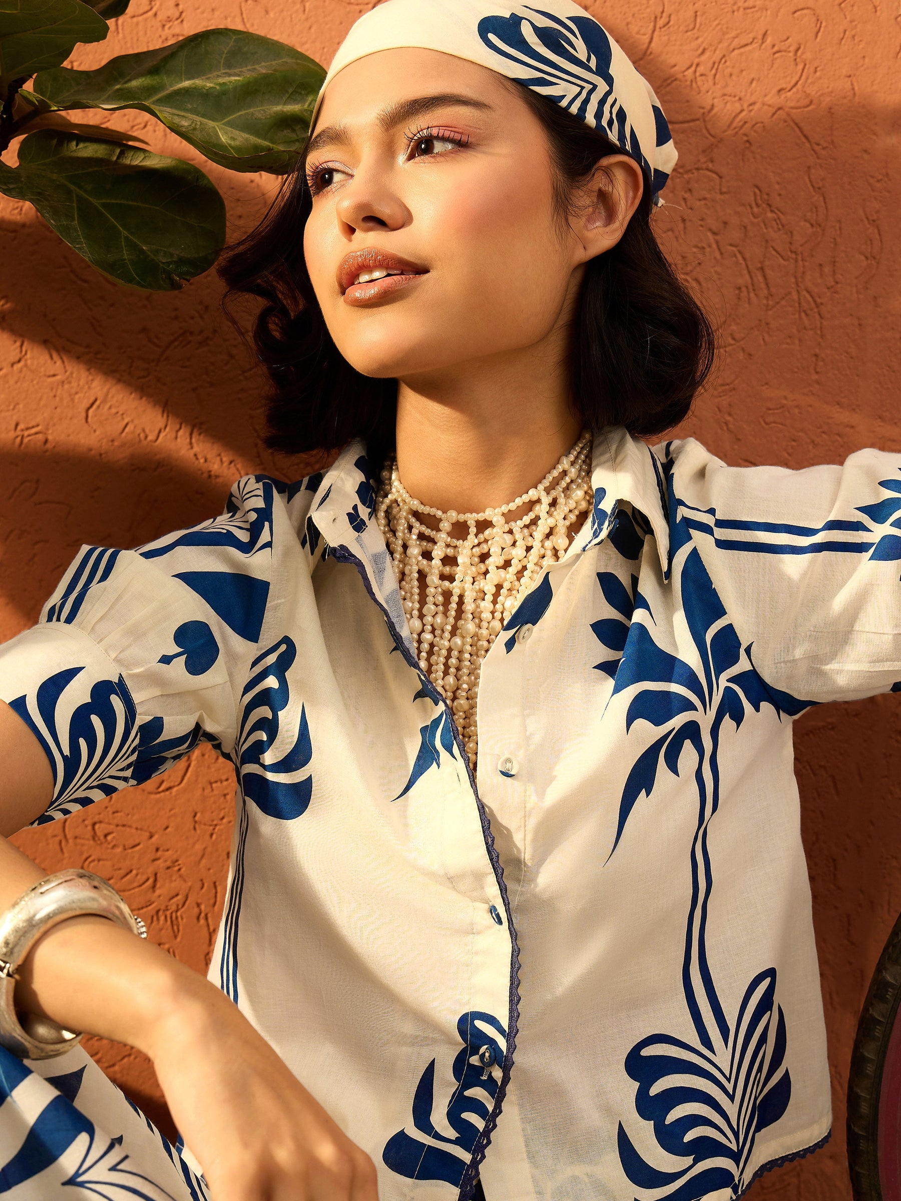 Blue & Off White Floral Shirt With Gathered Skirt-Pink Paprika By SASSAFRAS