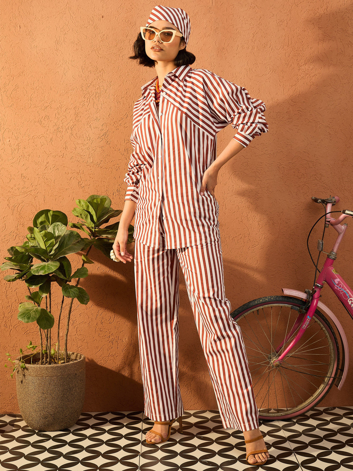 Dark Brown & White Stripe Shirt With Straight Pants-Pink Paprika By SASSAFRAS