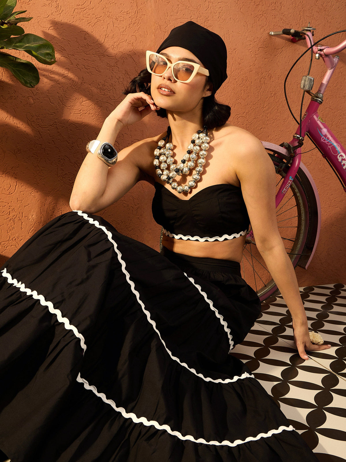 Black Ric Rac Lace Bustier Top With Tiered Skirt-Pink Paprika By SASSAFRAS