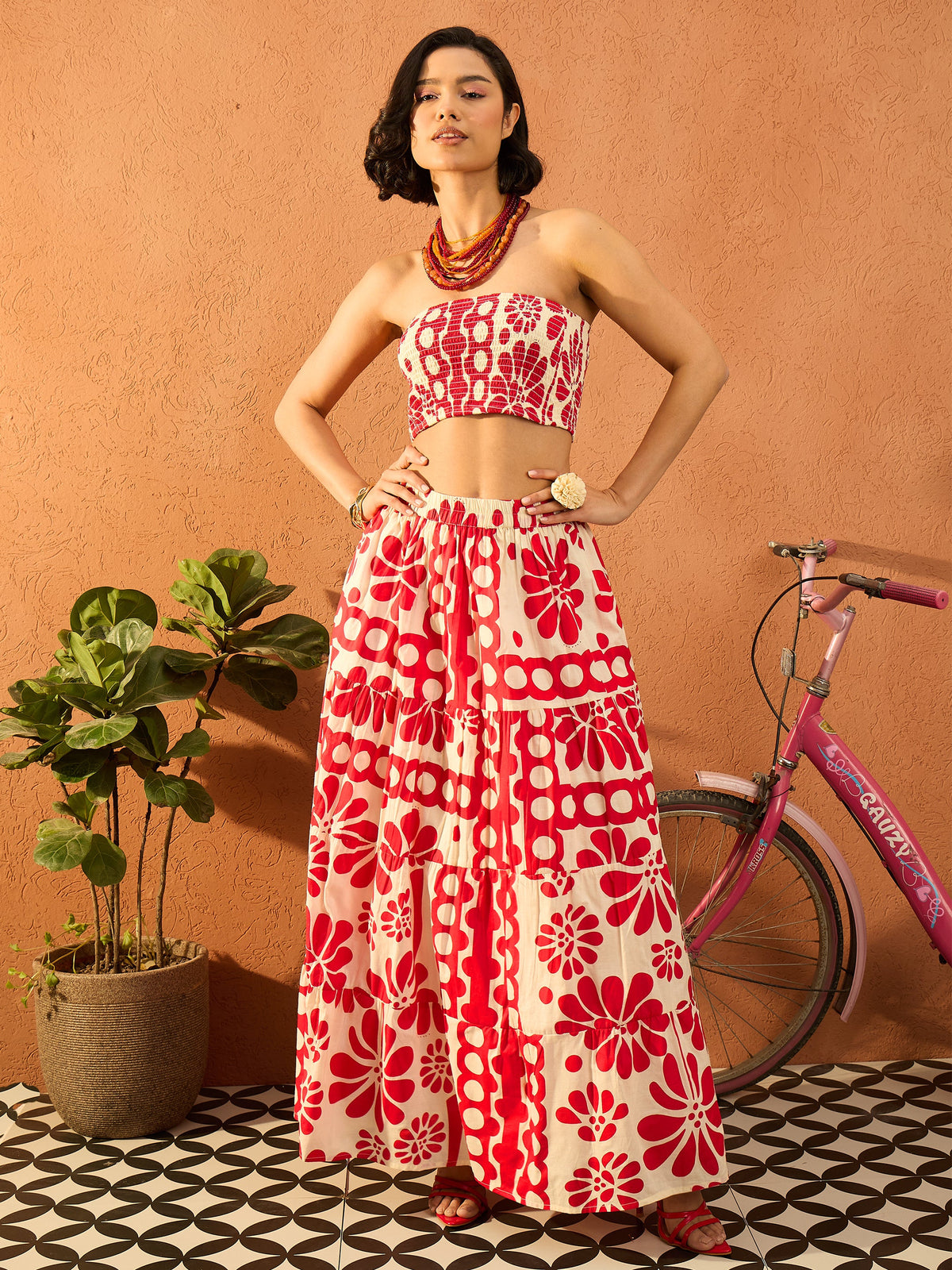 Red & Beige Floral Tube Top With Tiered Skirt-Pink Paprika By SASSAFRAS