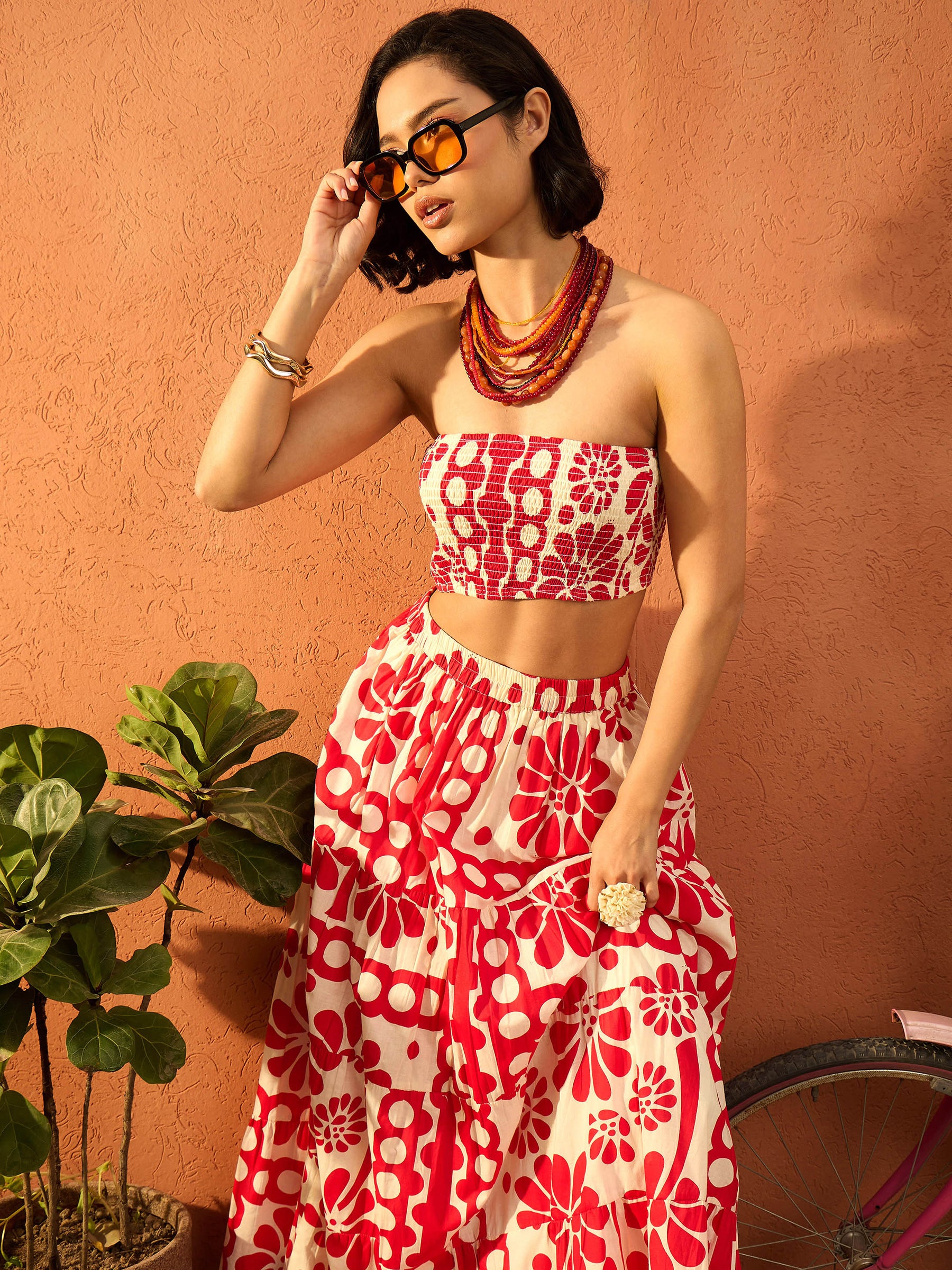 Red & Beige Floral Tube Top With Tiered Skirt-Pink Paprika By SASSAFRAS
