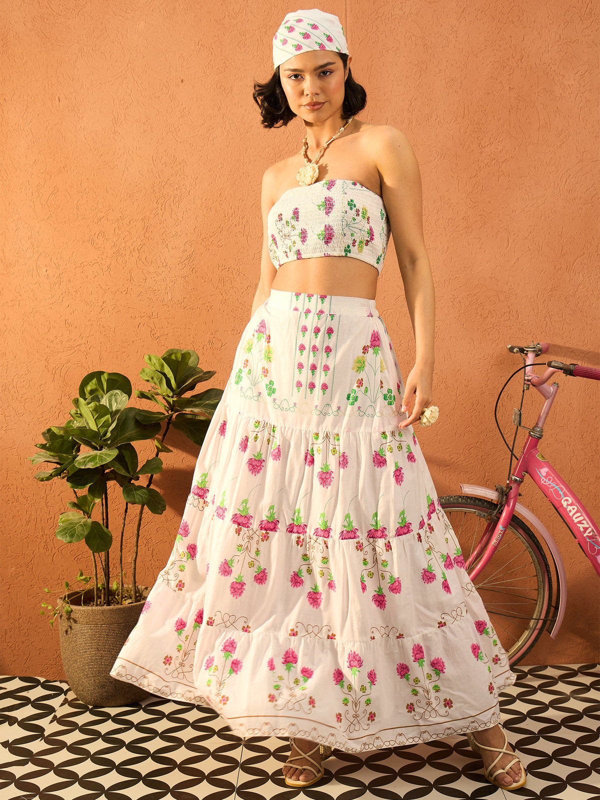 Pink & White Floral Tube Top With Tiered Skirt-Pink Paprika By SASSAFRAS