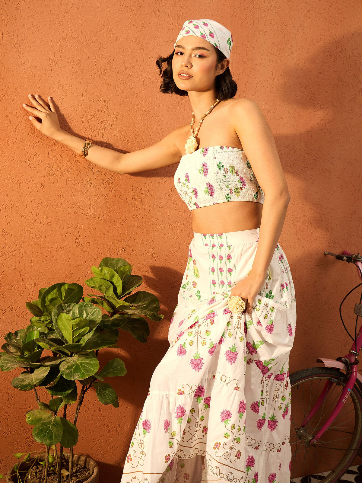 Pink & White Floral Tube Top With Tiered Skirt-Pink Paprika By SASSAFRAS