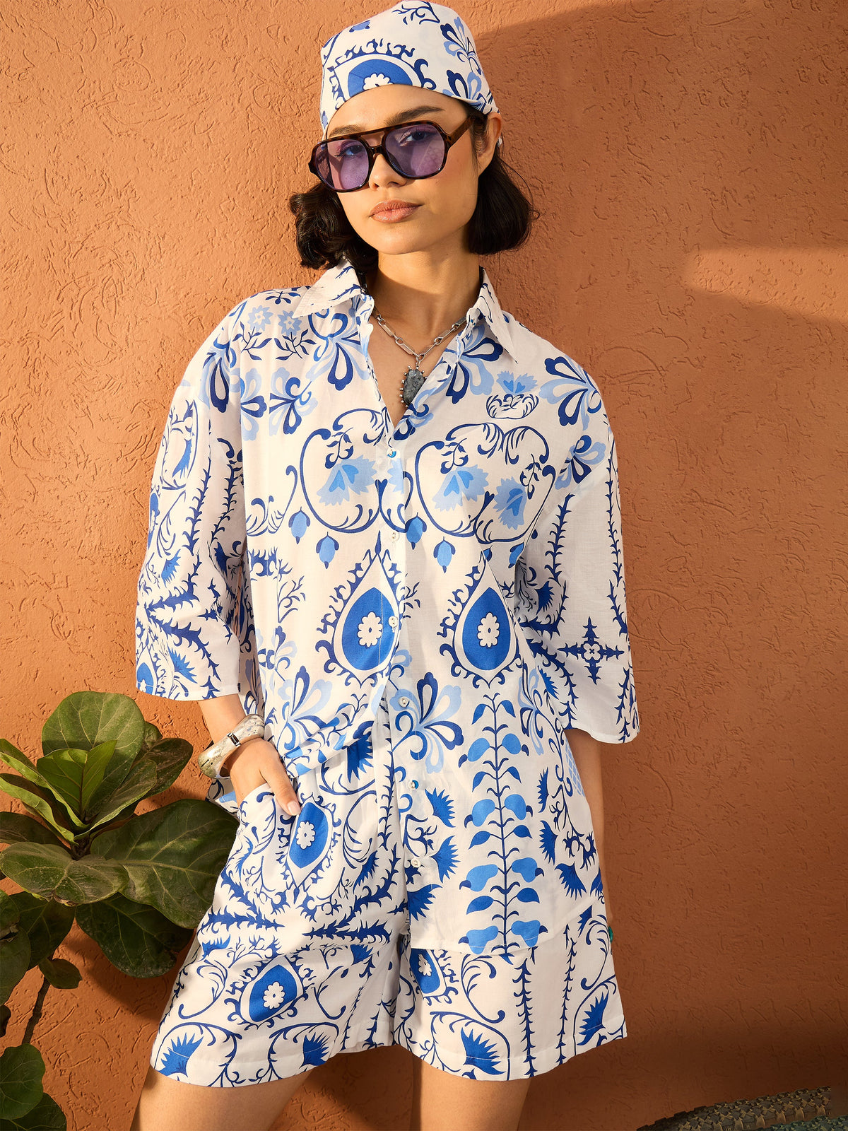 Blue & White Floral Oversized Shirt With Shorts-Pink Paprika By SASSAFRAS