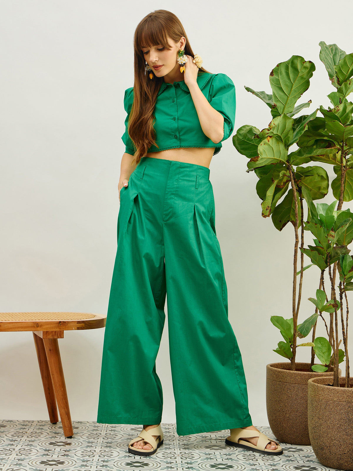 Green Poplin Peterpan Collar Top With Flared Pants-Pink Paprika By SASSAFRAS