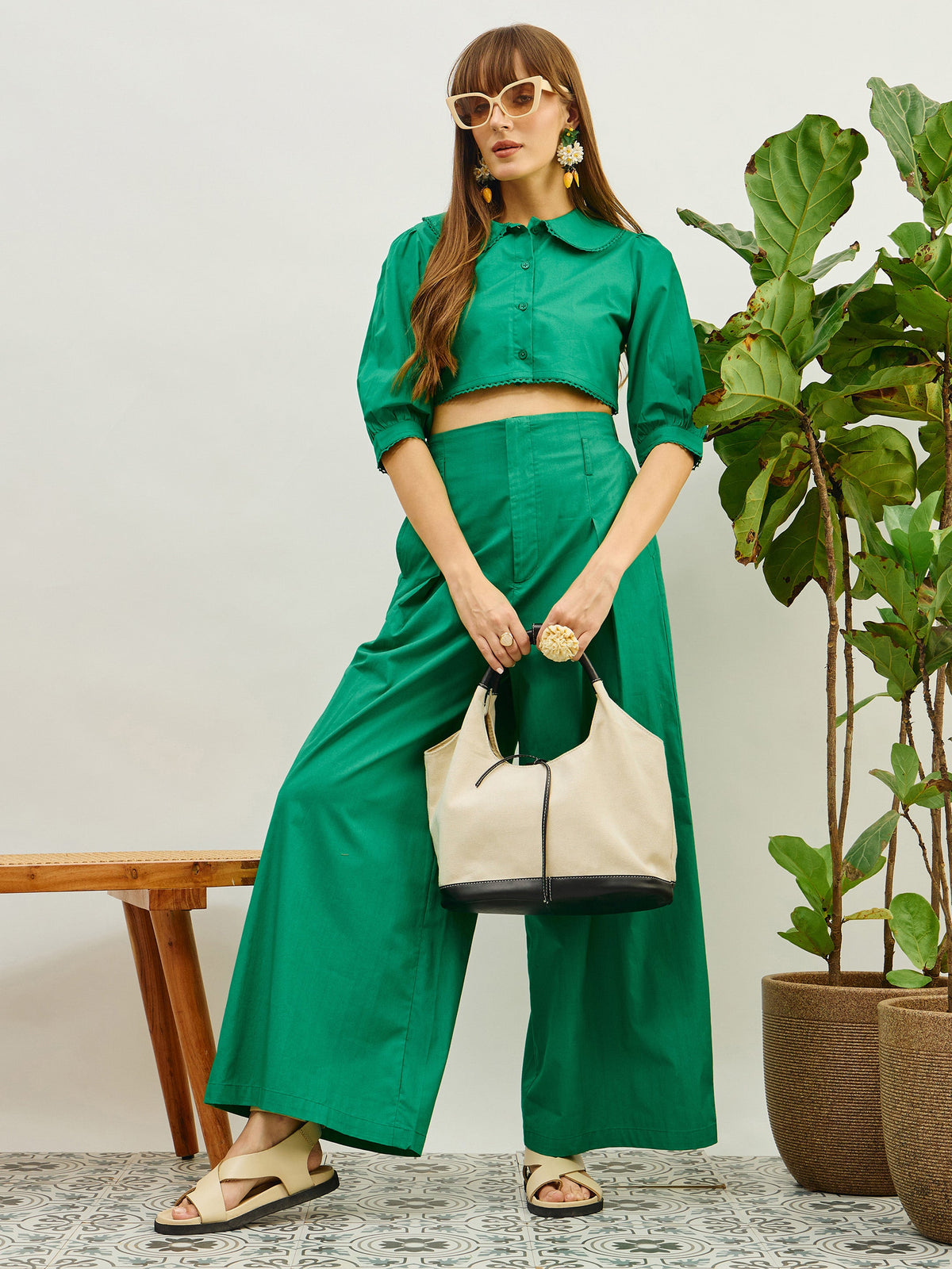 Green Poplin Peterpan Collar Top With Flared Pants-Pink Paprika By SASSAFRAS
