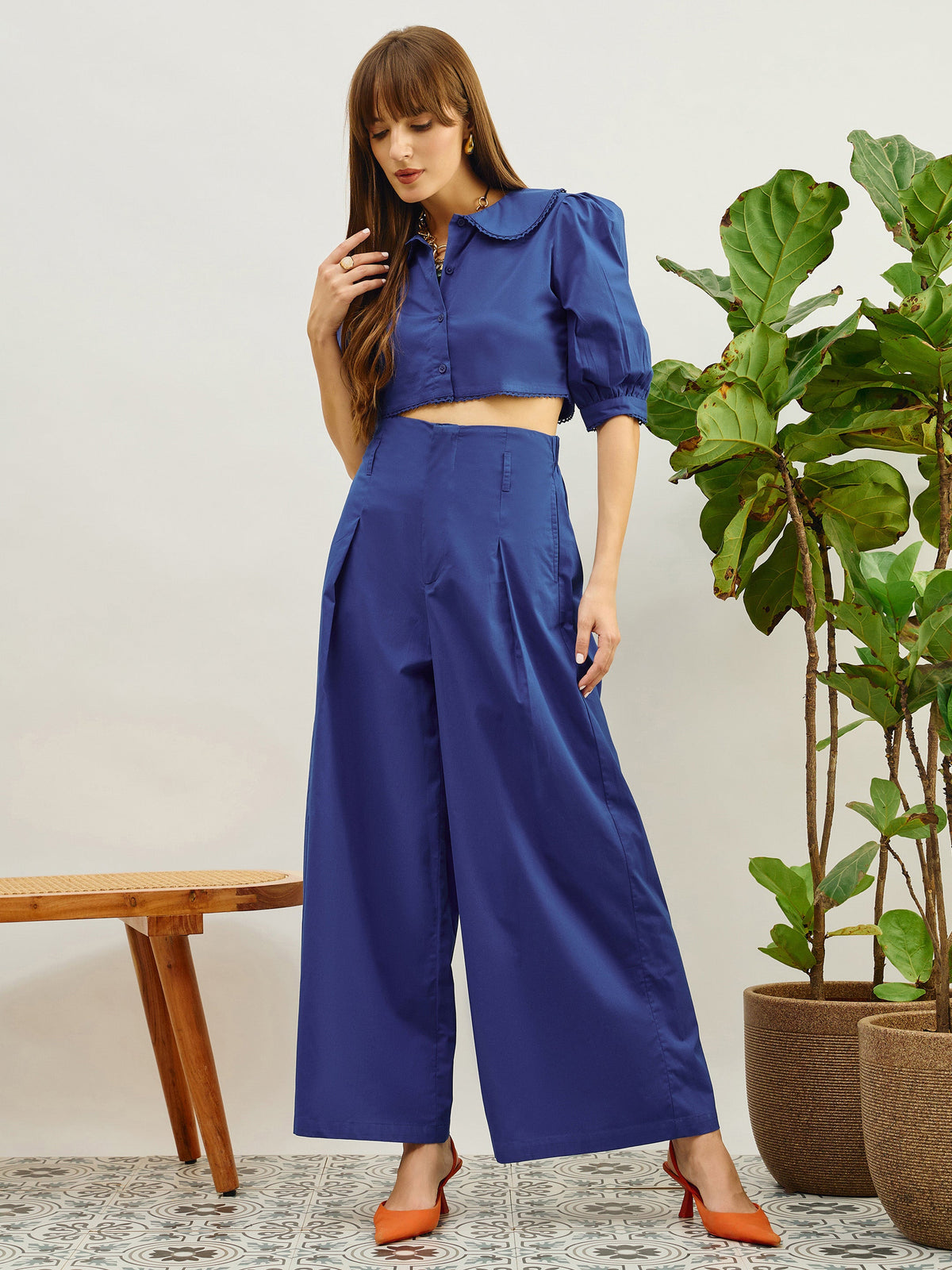 Blue Poplin Peterpan Collar Top With Flared Pants-Pink Paprika By SASSAFRAS