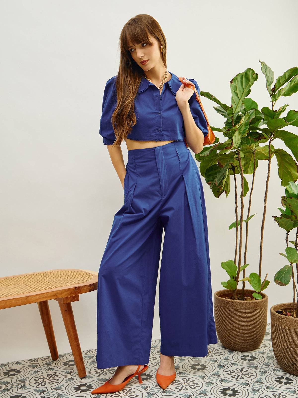 Blue Poplin Peterpan Collar Top With Flared Pants-Pink Paprika By SASSAFRAS