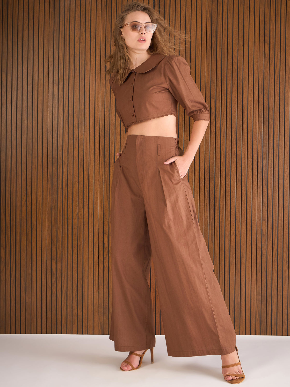 Brown Poplin Peterpan Collar Top With Flared Pants-Pink Paprika By SASSAFRAS