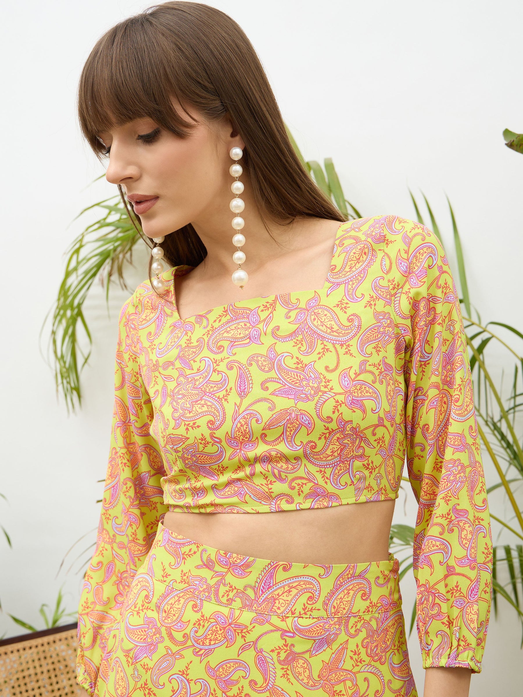 Neon Green Paisley Crop Top With Midi Skirt-SASSAFRAS