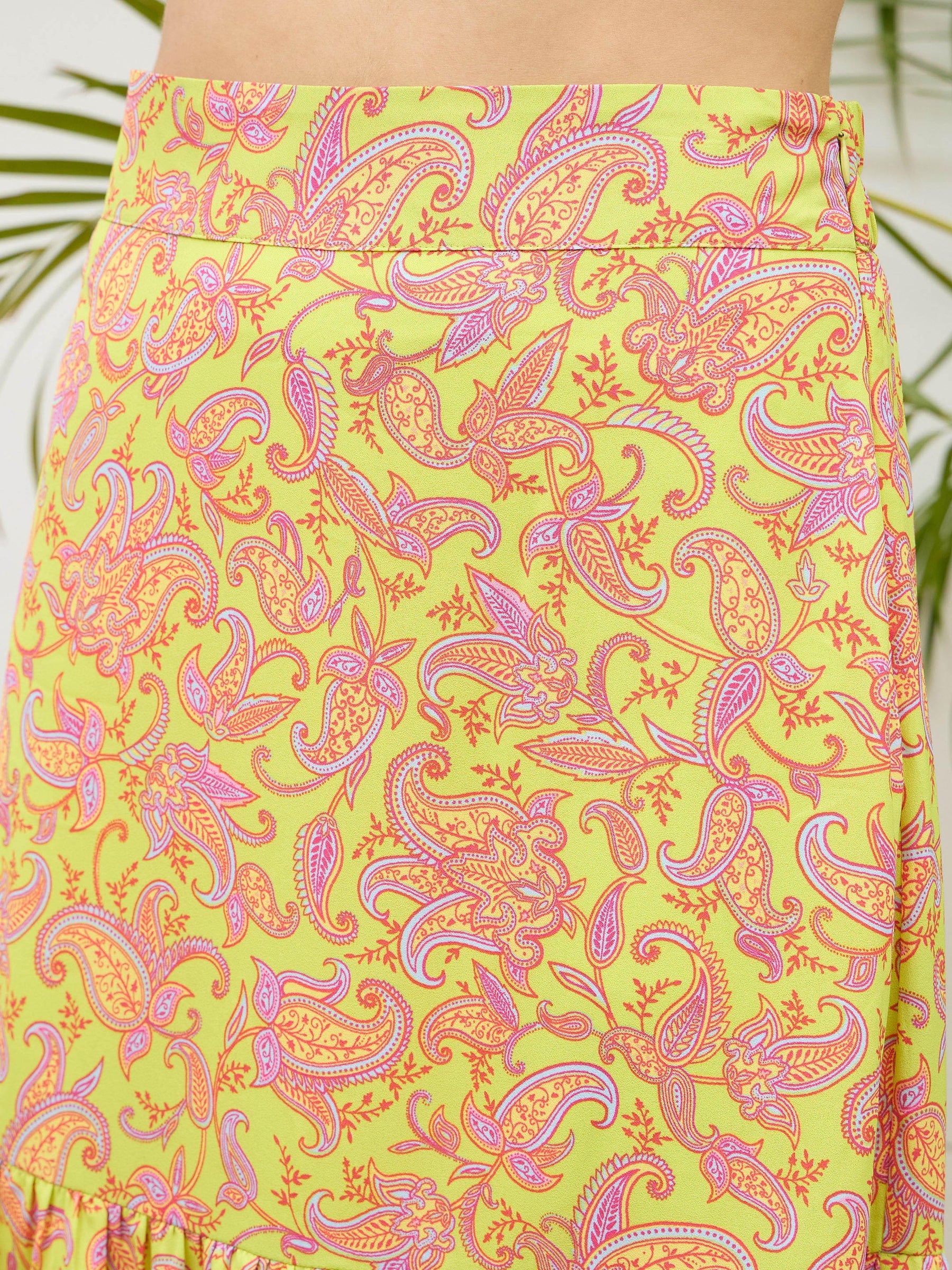 Neon Green Paisley Crop Top With Midi Skirt-SASSAFRAS