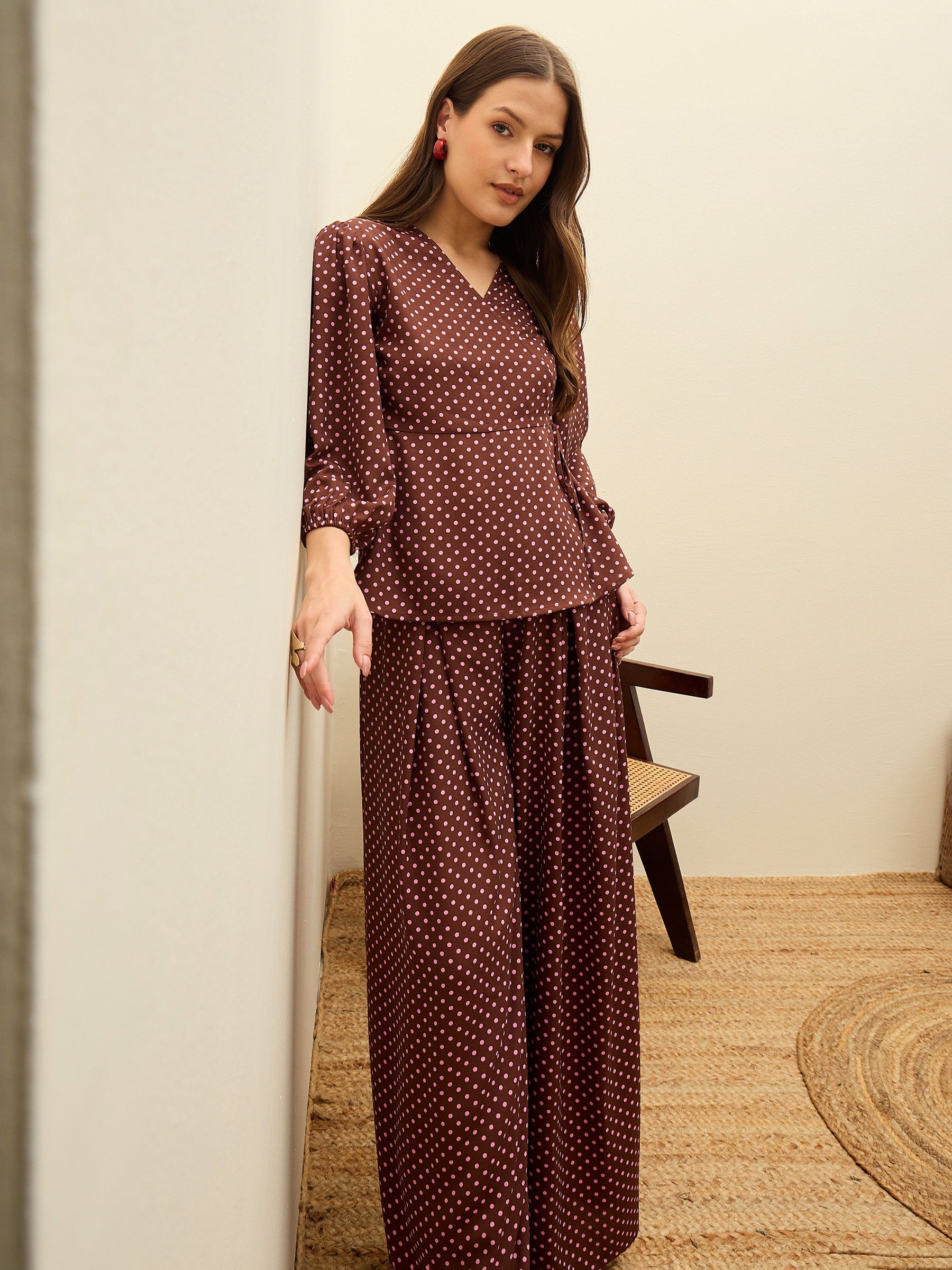 Brown Polka Dot Wrap Top With Flared Pants-SASSAFRAS