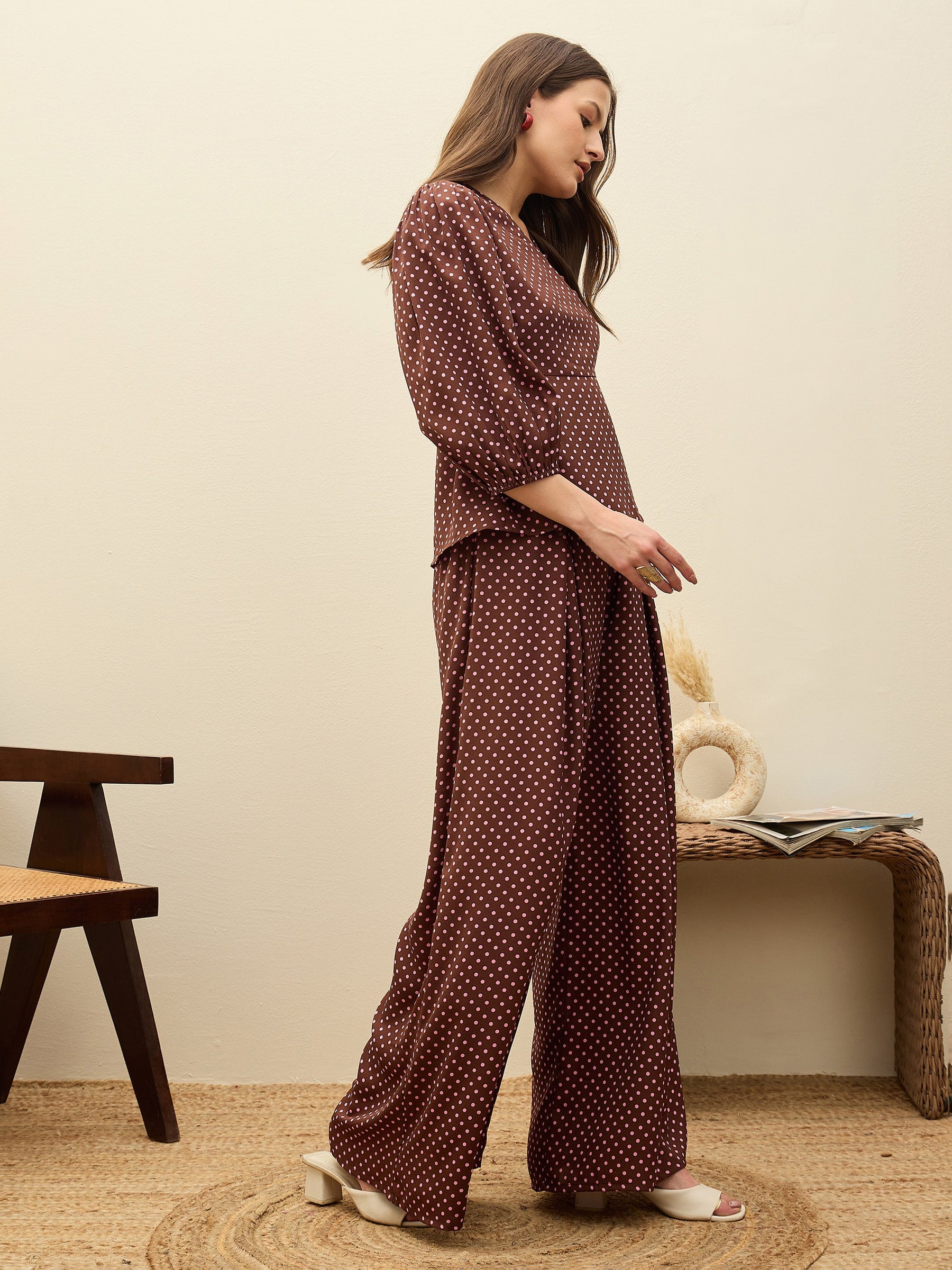 Brown Polka Dot Wrap Top With Flared Pants-SASSAFRAS