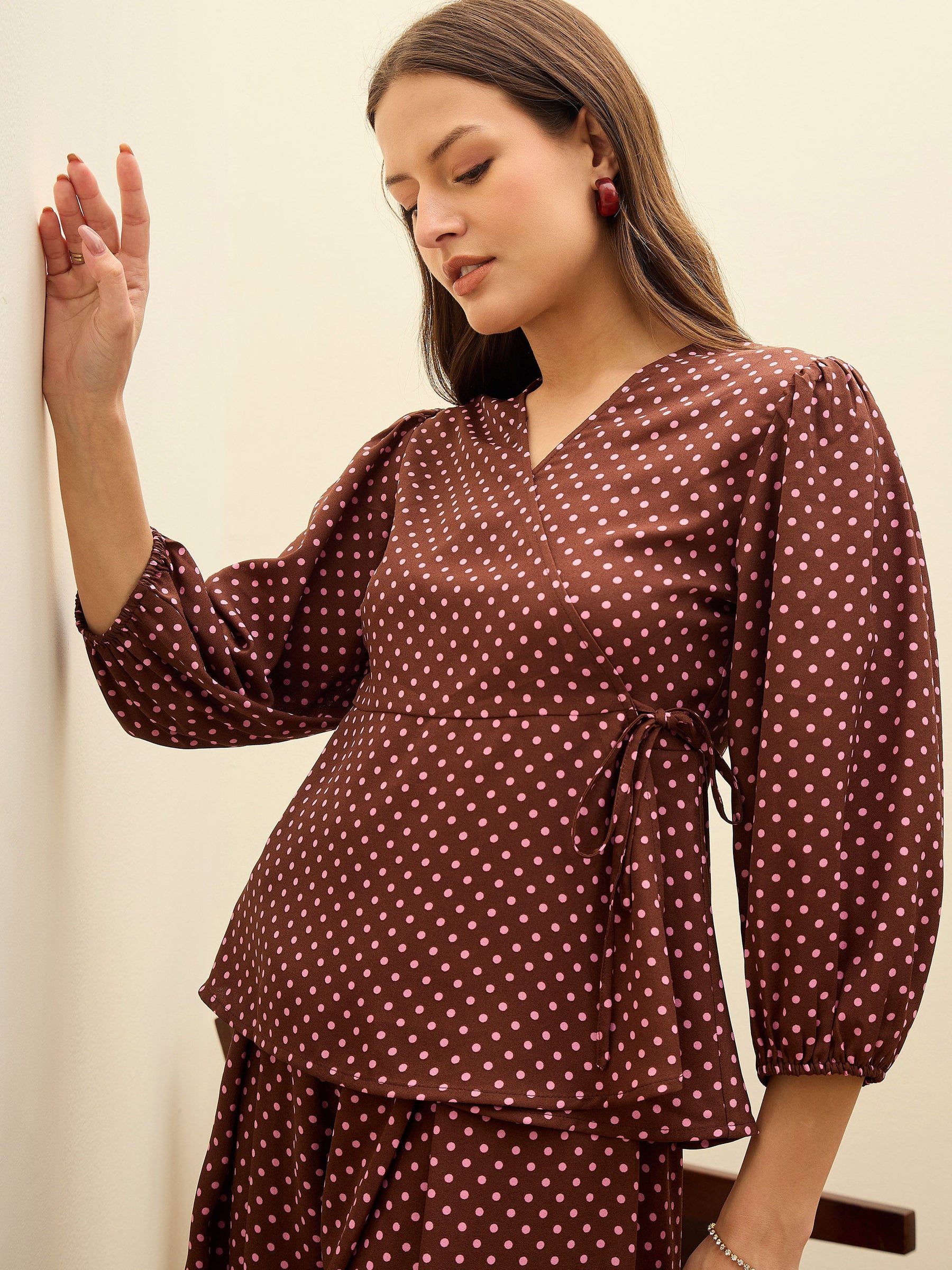 Brown Polka Dot Wrap Top With Flared Pants-SASSAFRAS