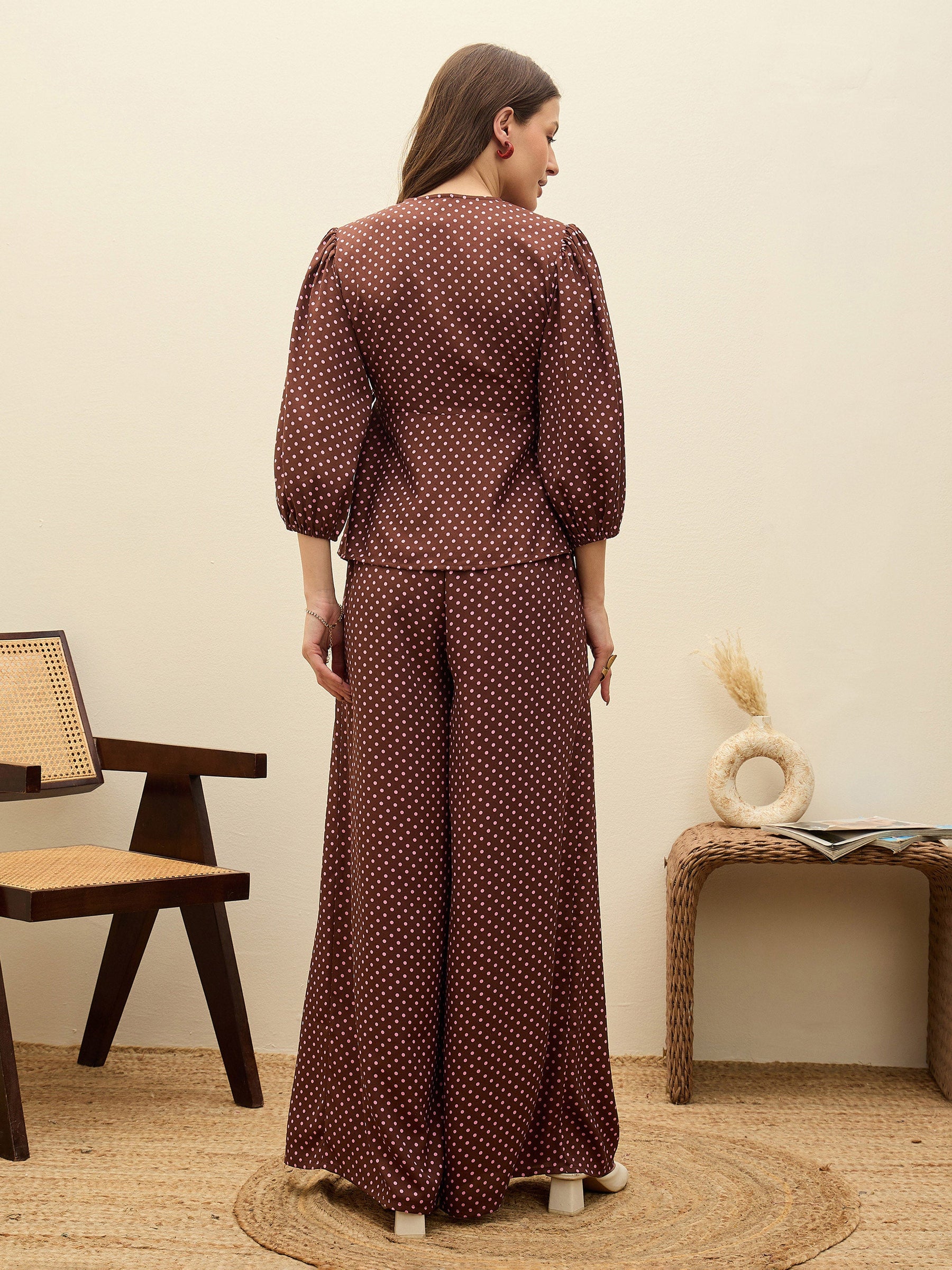 Brown Polka Dot Wrap Top With Flared Pants-SASSAFRAS