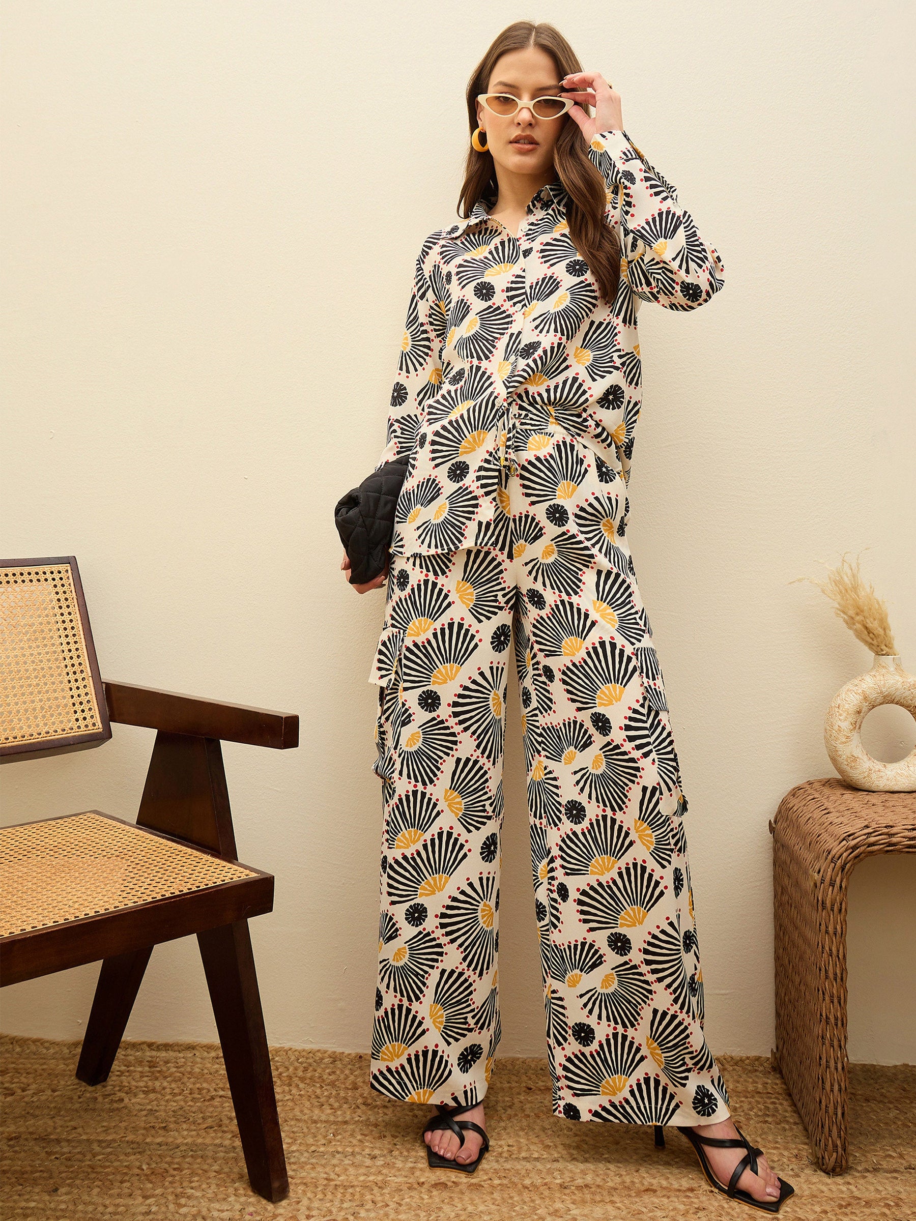 Beige Printed Oversize Shirt With Box Pocket Pants-SASSAFRAS