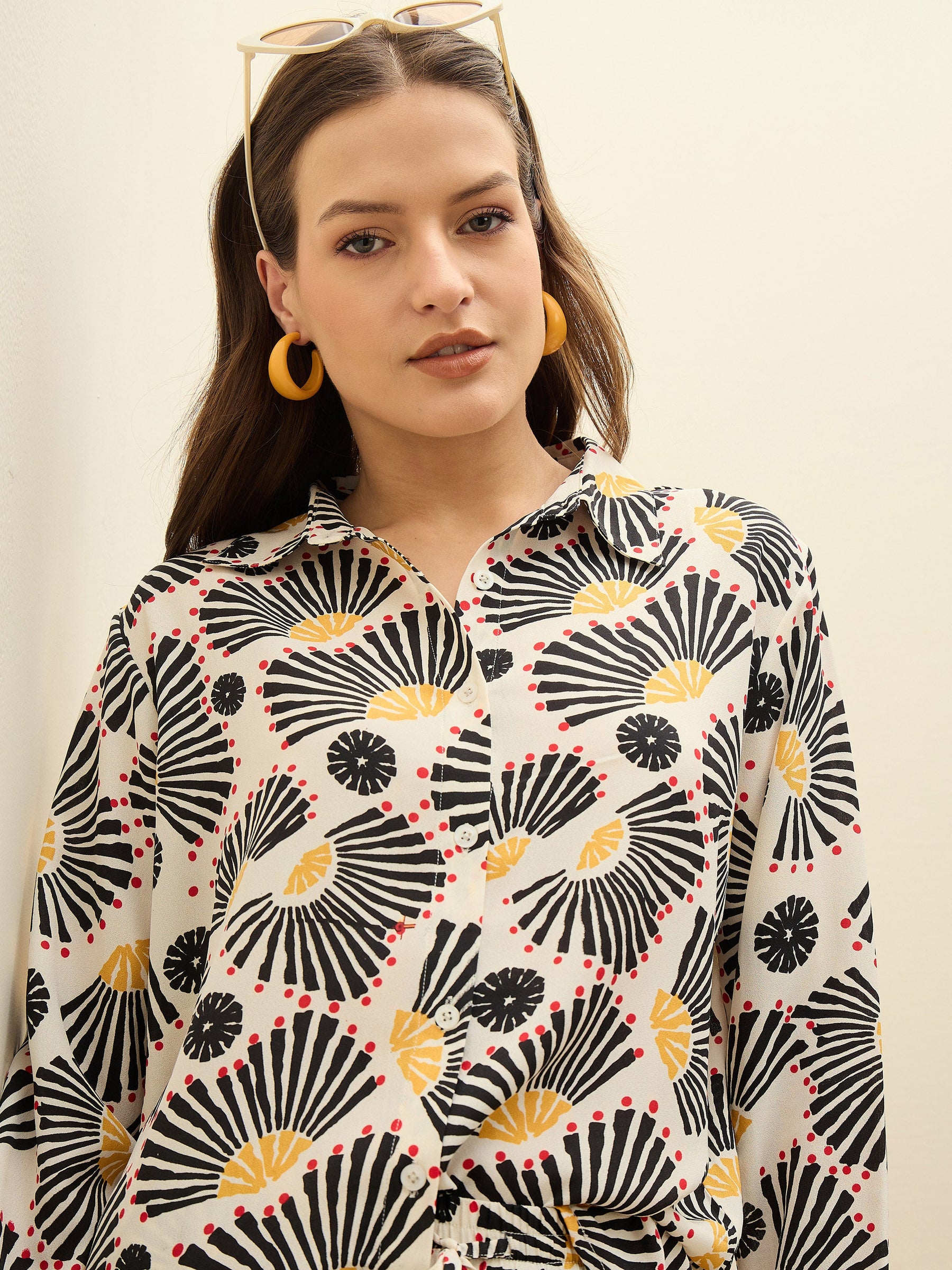 Beige Printed Oversize Shirt With Box Pocket Pants-SASSAFRAS