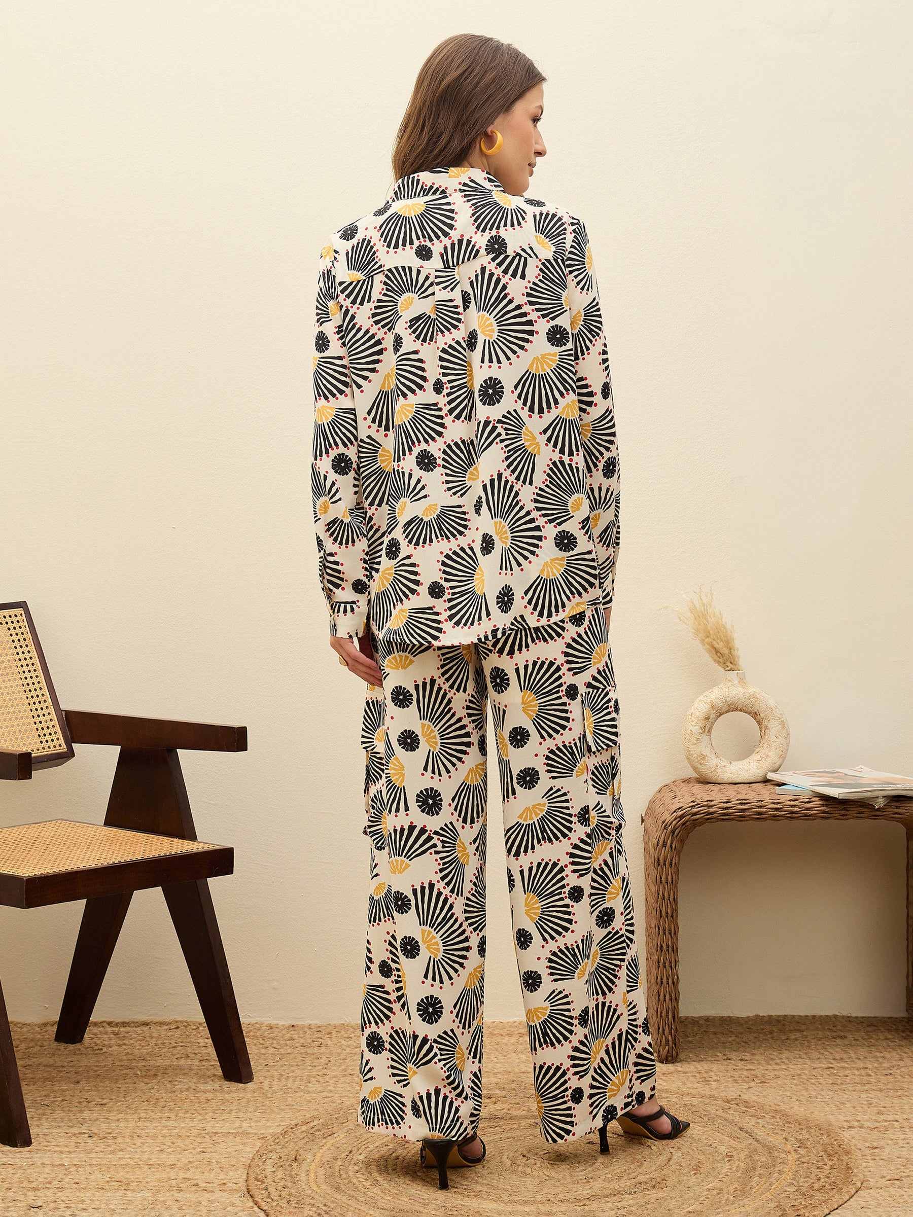 Beige Printed Oversize Shirt With Box Pocket Pants-SASSAFRAS