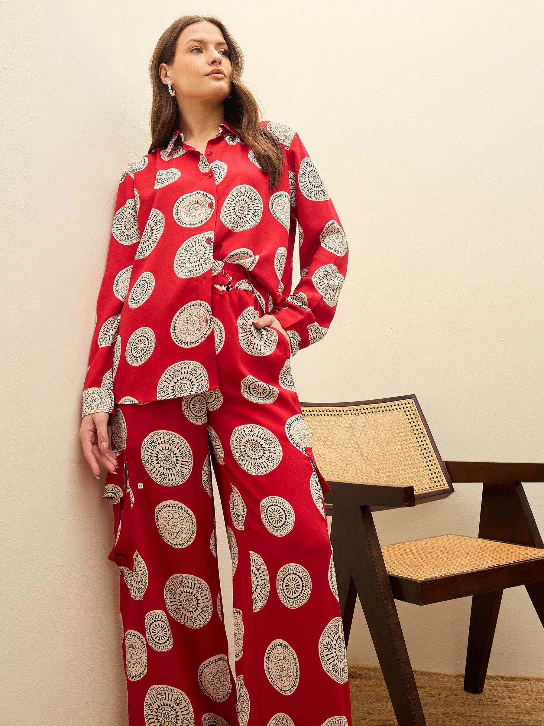 Maroon Printed Oversize Shirt With Box Pocket Pants-SASSAFRAS