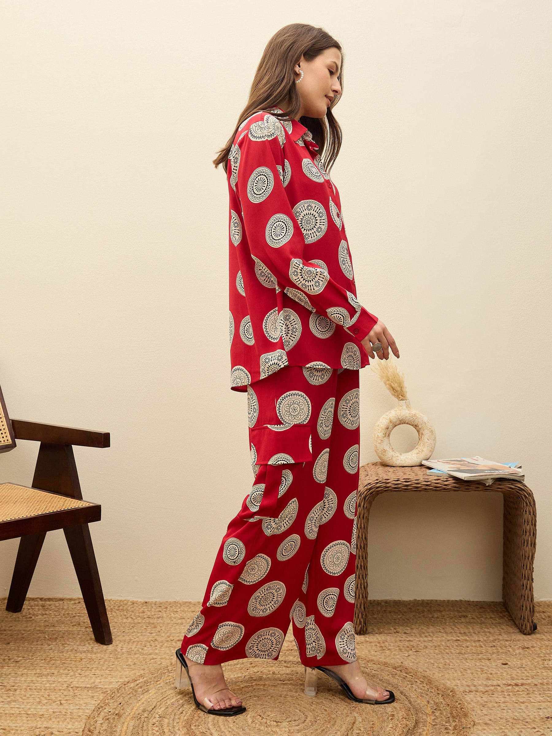 Maroon Printed Oversize Shirt With Box Pocket Pants-SASSAFRAS
